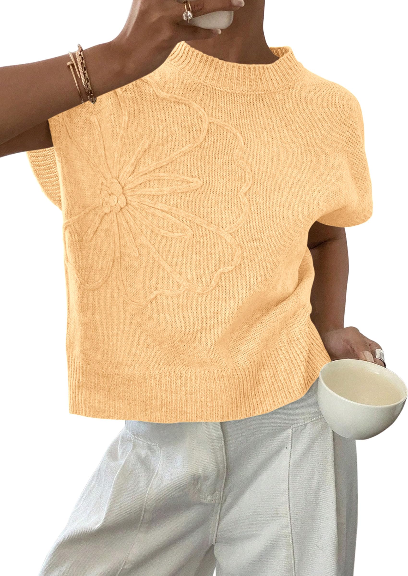 Women's Summer Short Cap Sleeve Sweater Vest (Yellow,S)