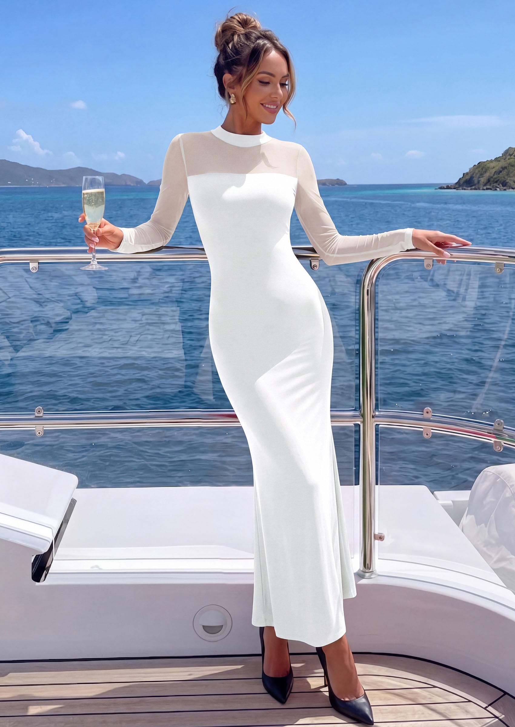 Women's Long Sleeve Formal Mesh Fall Wedding Guest Maxi Dress
