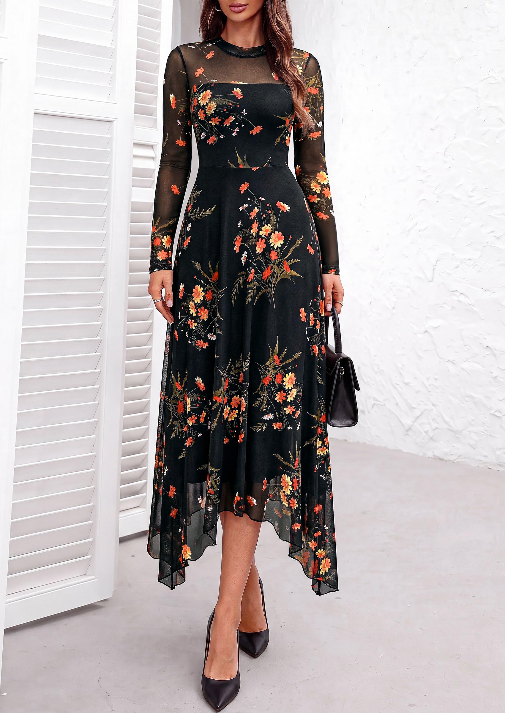Women's Floral Mesh Midi Dress,Floral Black Yellow,L