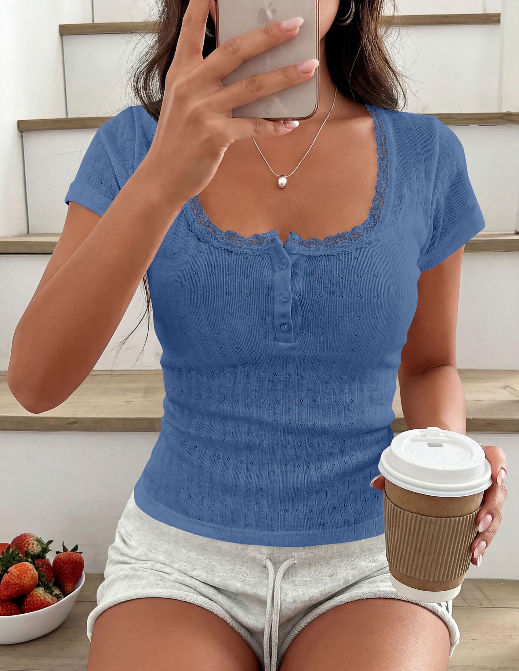 Womens Summer Lace Trim Short Sleeve Henley Top,Blue,S