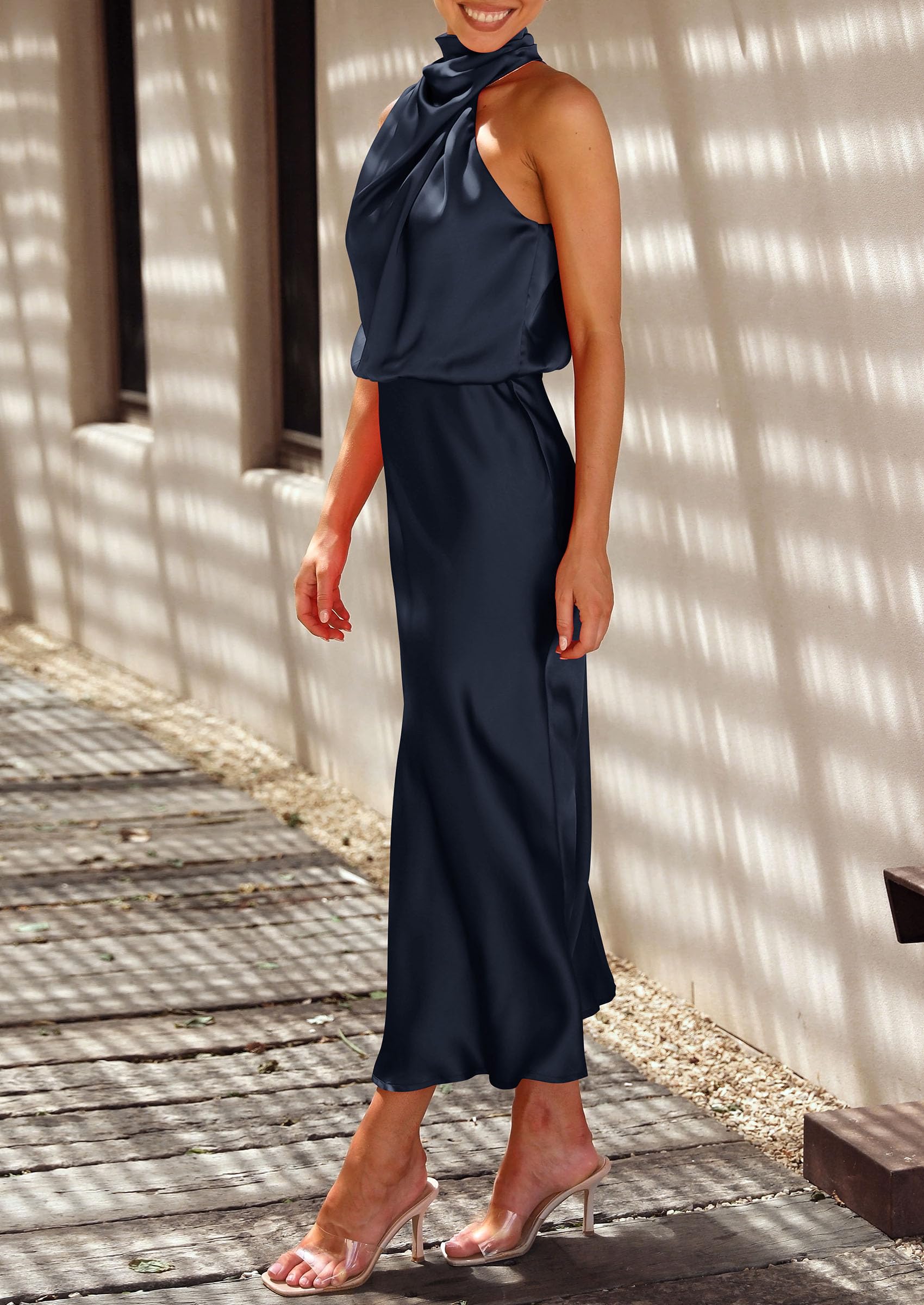 Women's Summer Satin Maxi Cocktail Dress Dark Navy