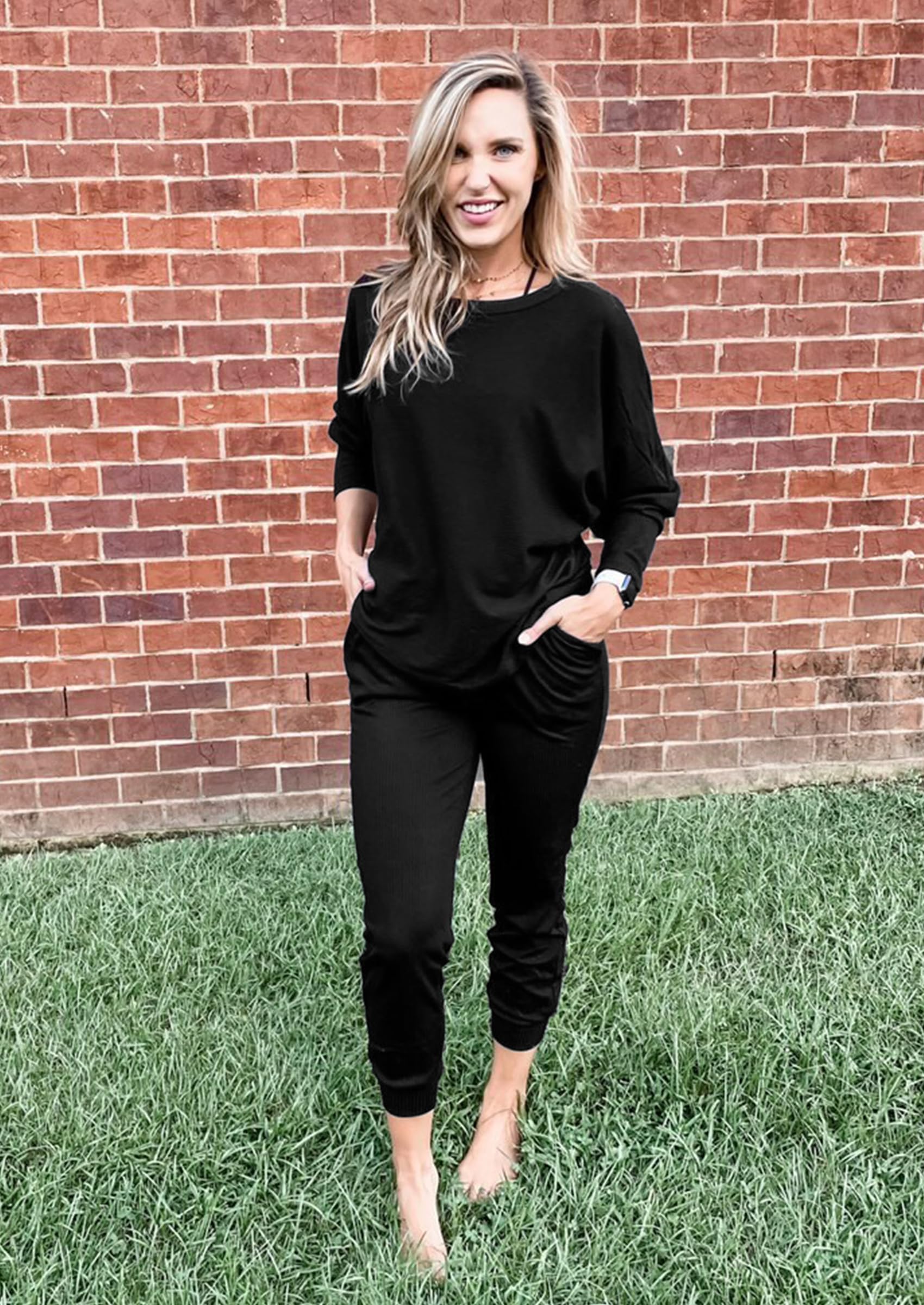 Women's 2 Piece Fall Outfits Matching Ribbed Knit Lounge Sets