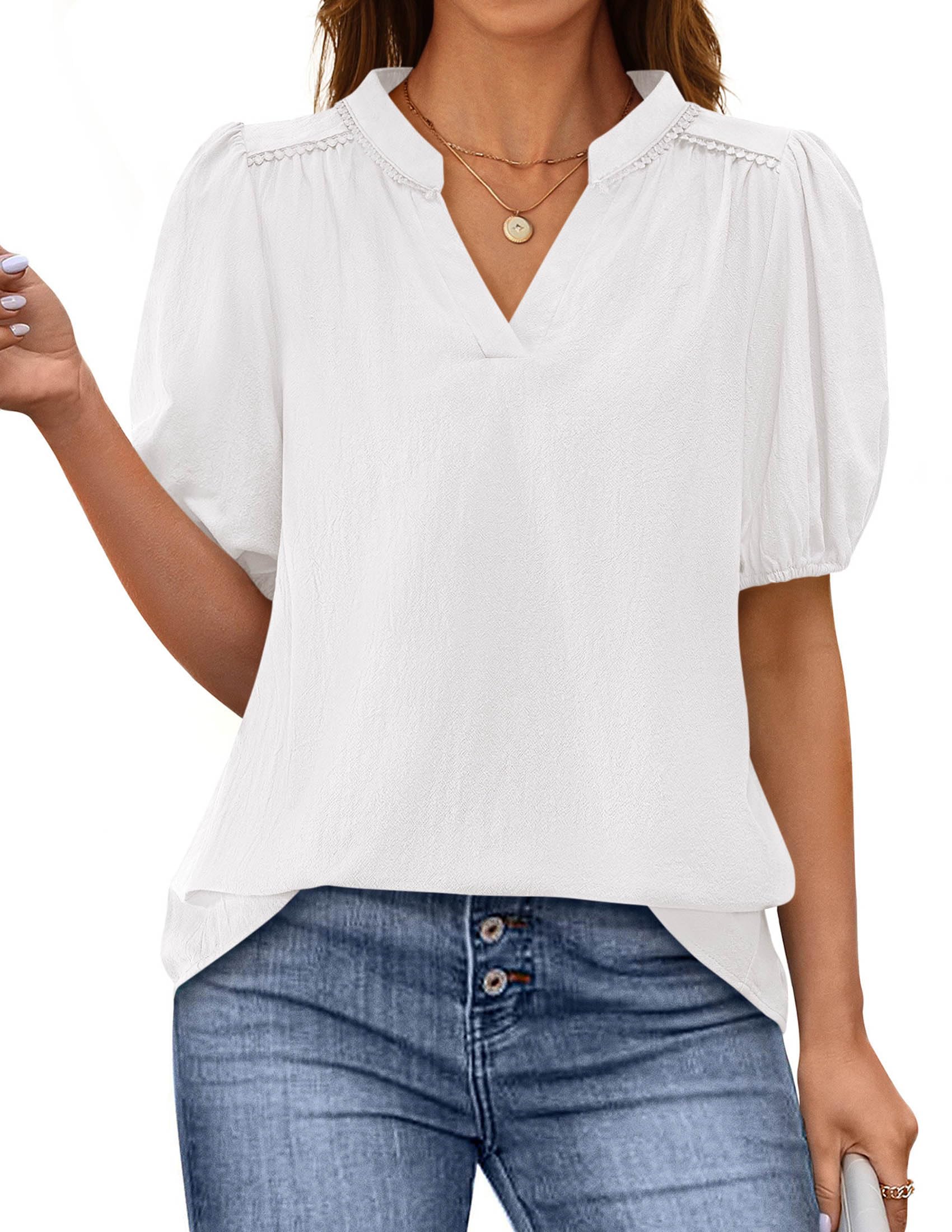 Womens Short Puff Sleeve V Neck Blouses,White,L