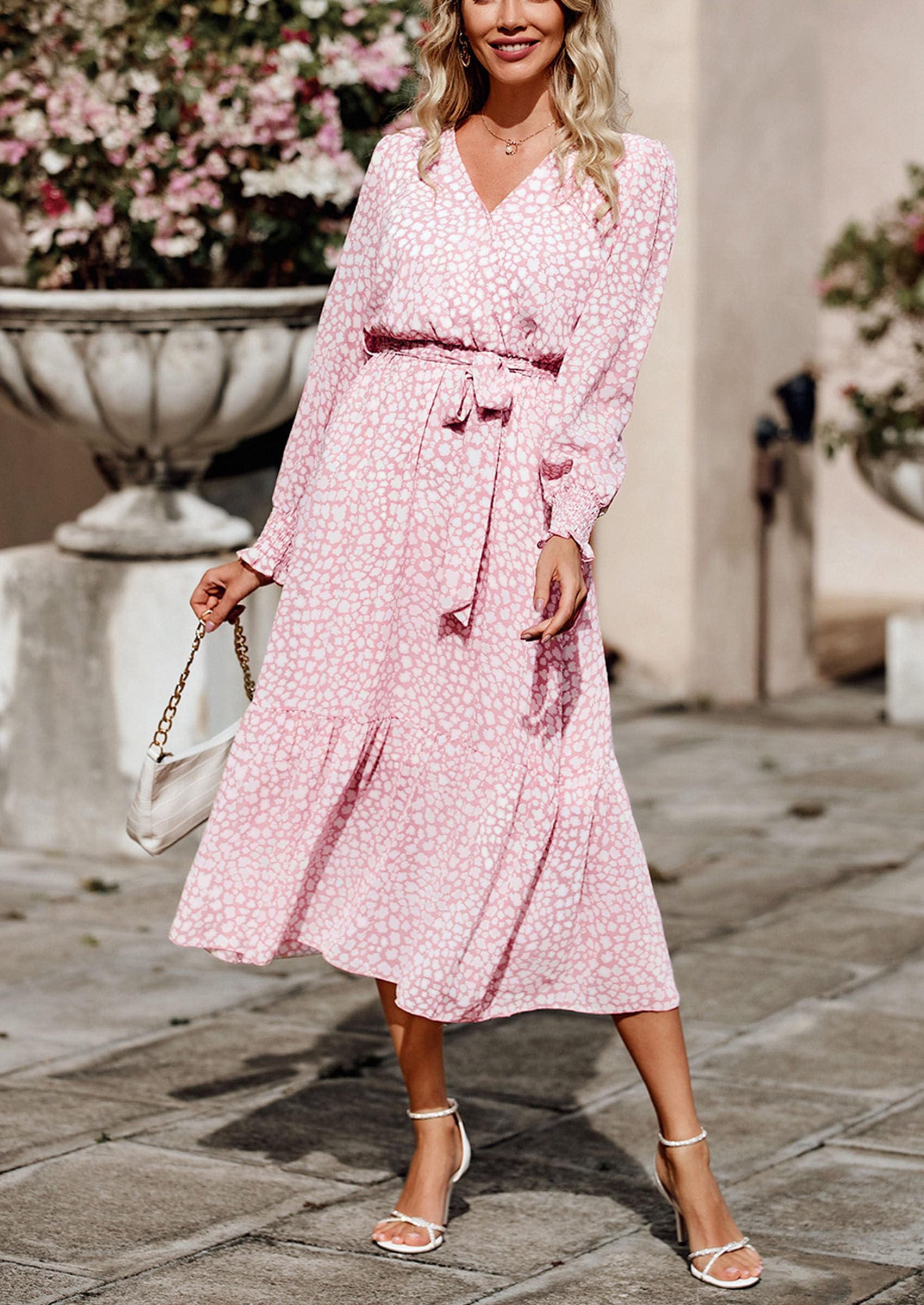 Women's Floral Boho Long Sleeve Maxi Dress, Pink,M