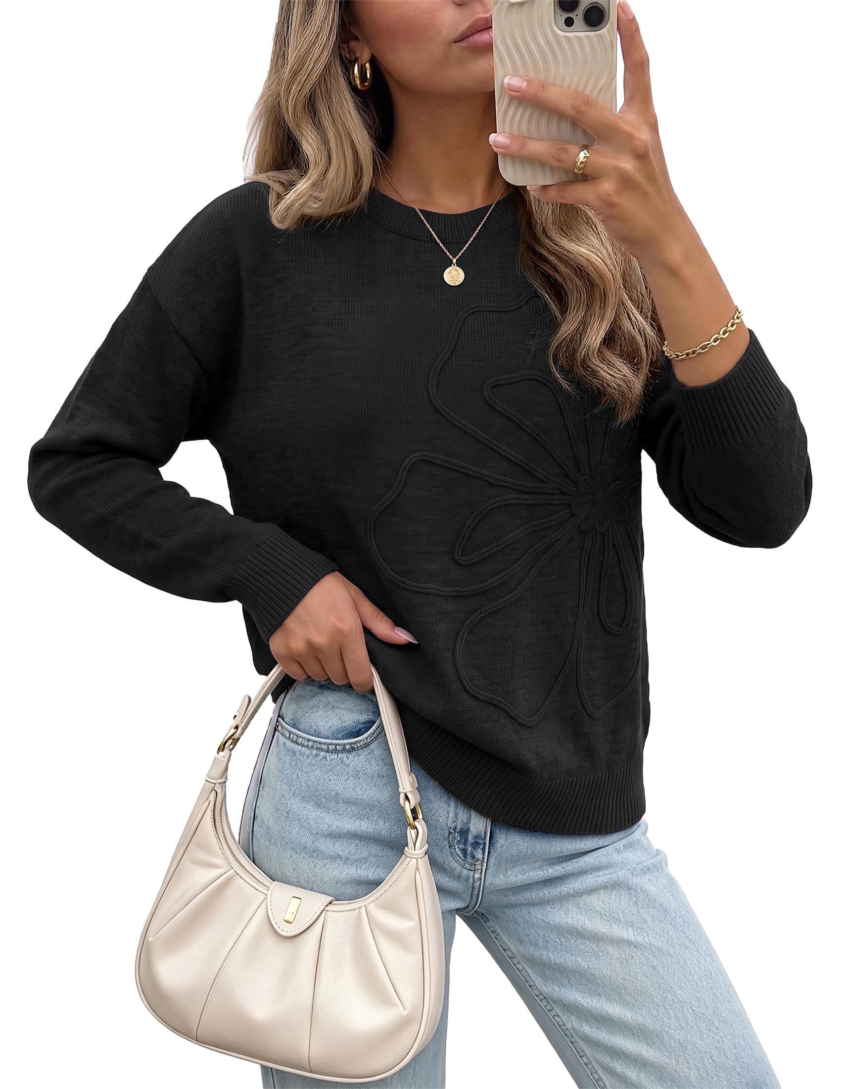 Sweaters for Women Fall Fashion Embroidered Floral Knit Tops