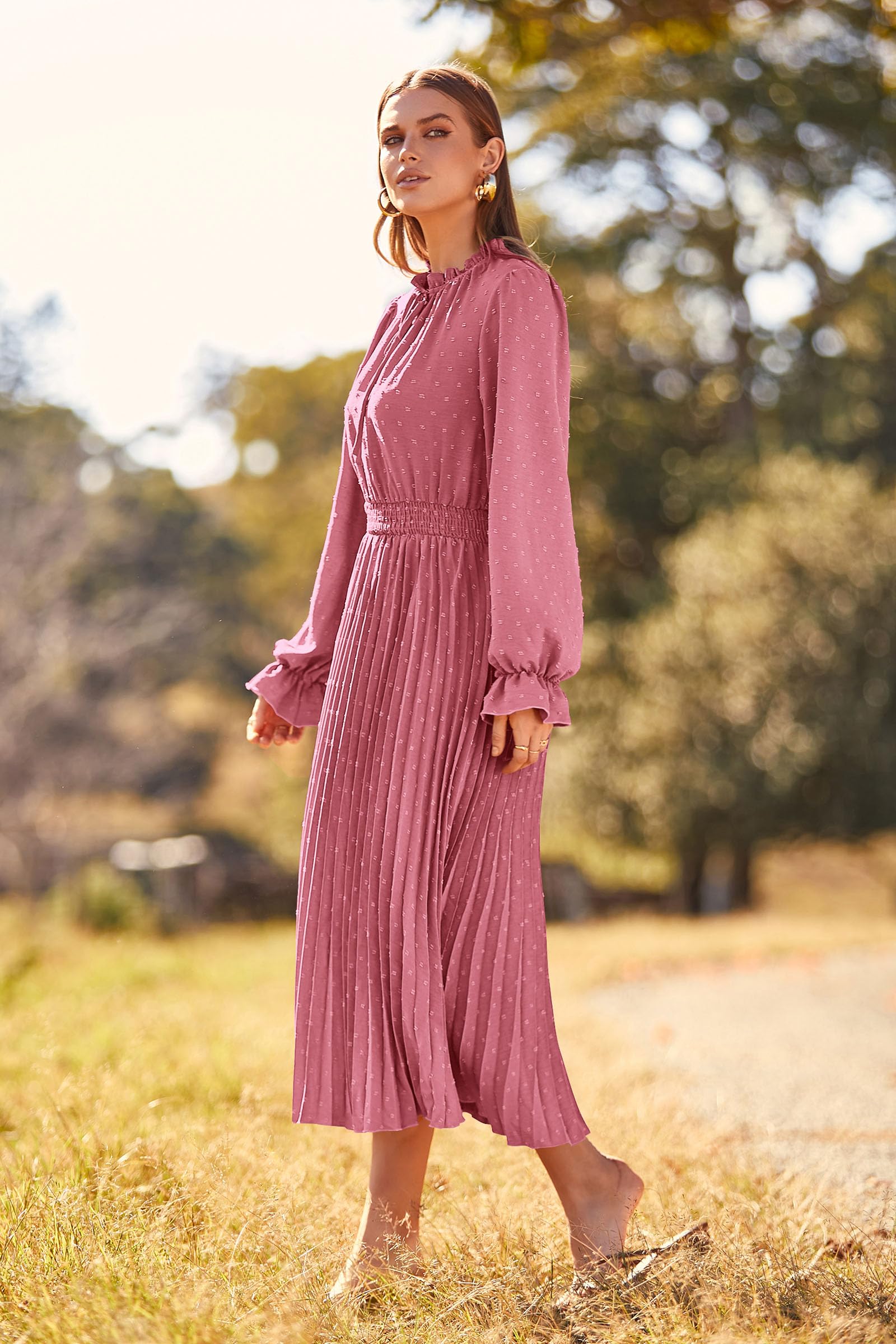 Midi Dress for Women Spring Fall 2025 Long Sleeve V Neck Pom Pom Swing A Line Long Dresses (Pink,Small)