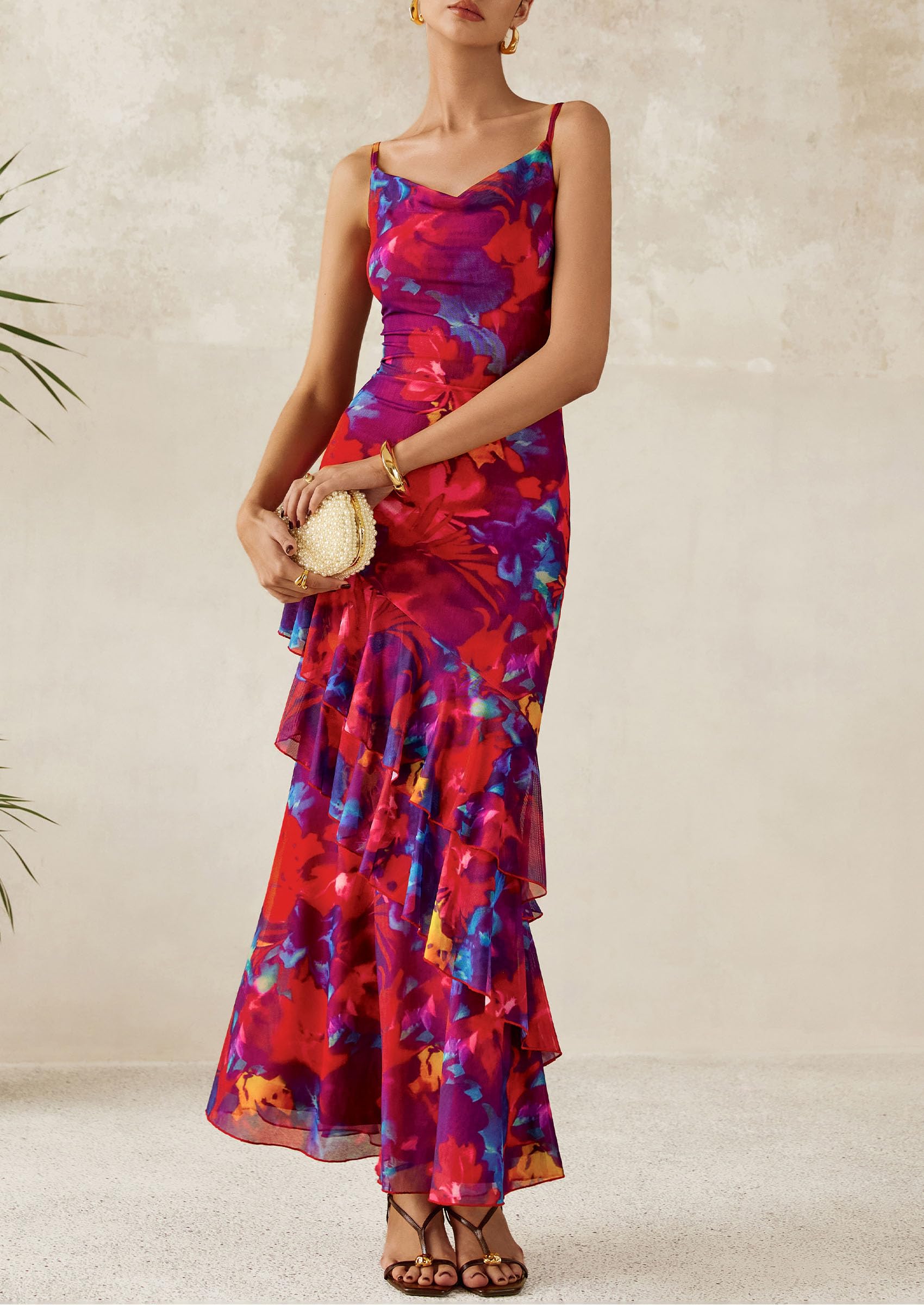 Women's Boho Floral Tiered Maxi Dress, Navy Red Big Floral,XS