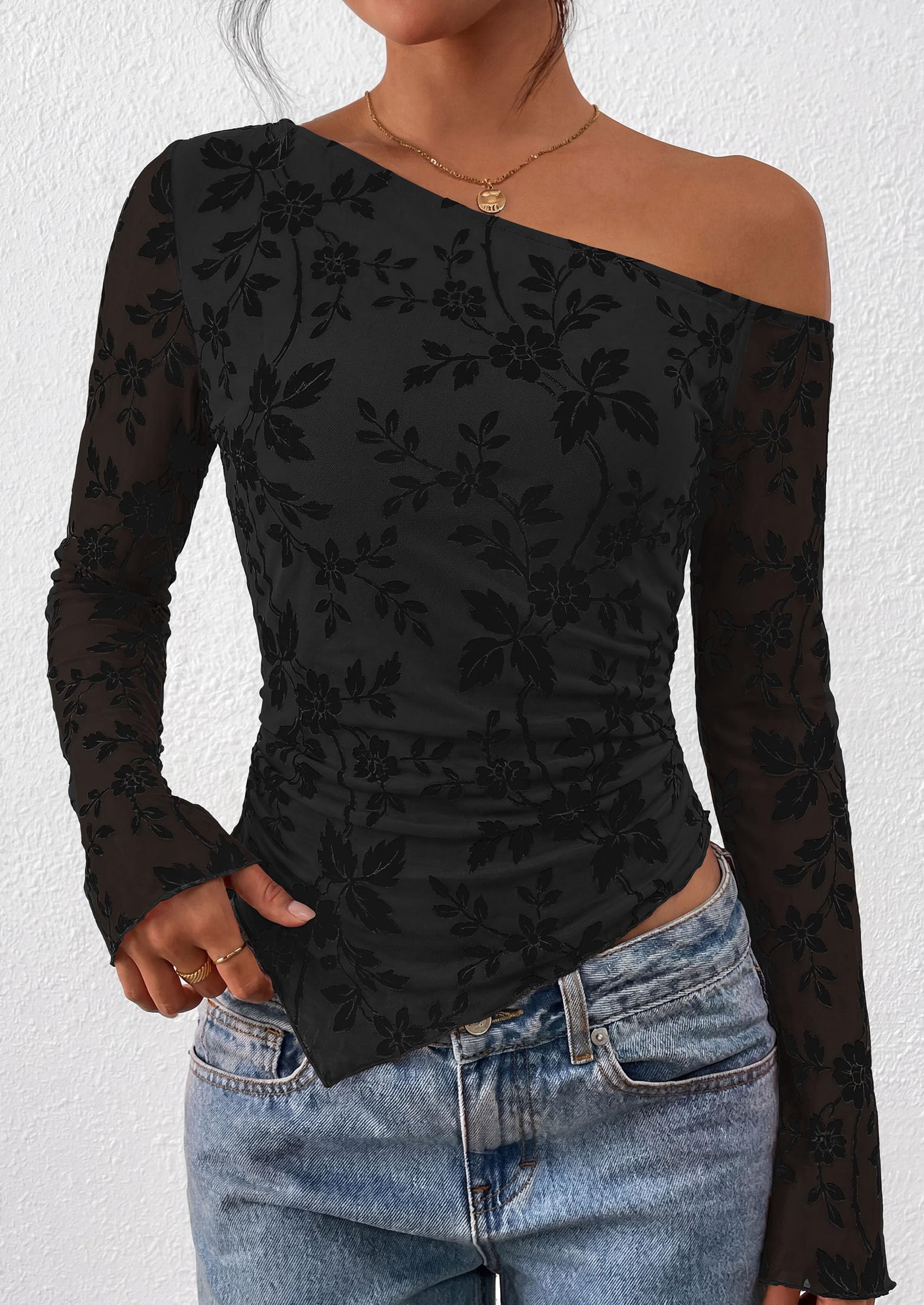 Womens Off Shoulder Mesh Y2k Tops,Black,XS
