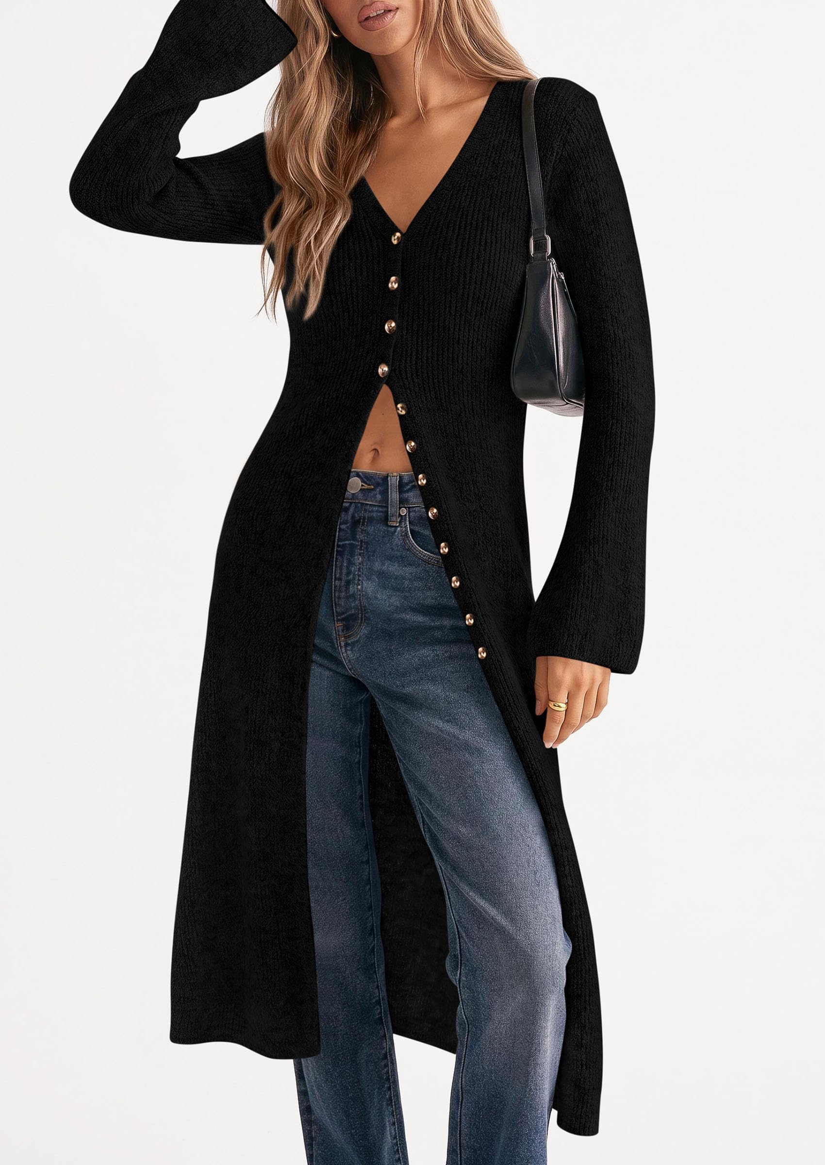 Women Long Cardigan Bell Sleeve Sweater Dress (Black,S)