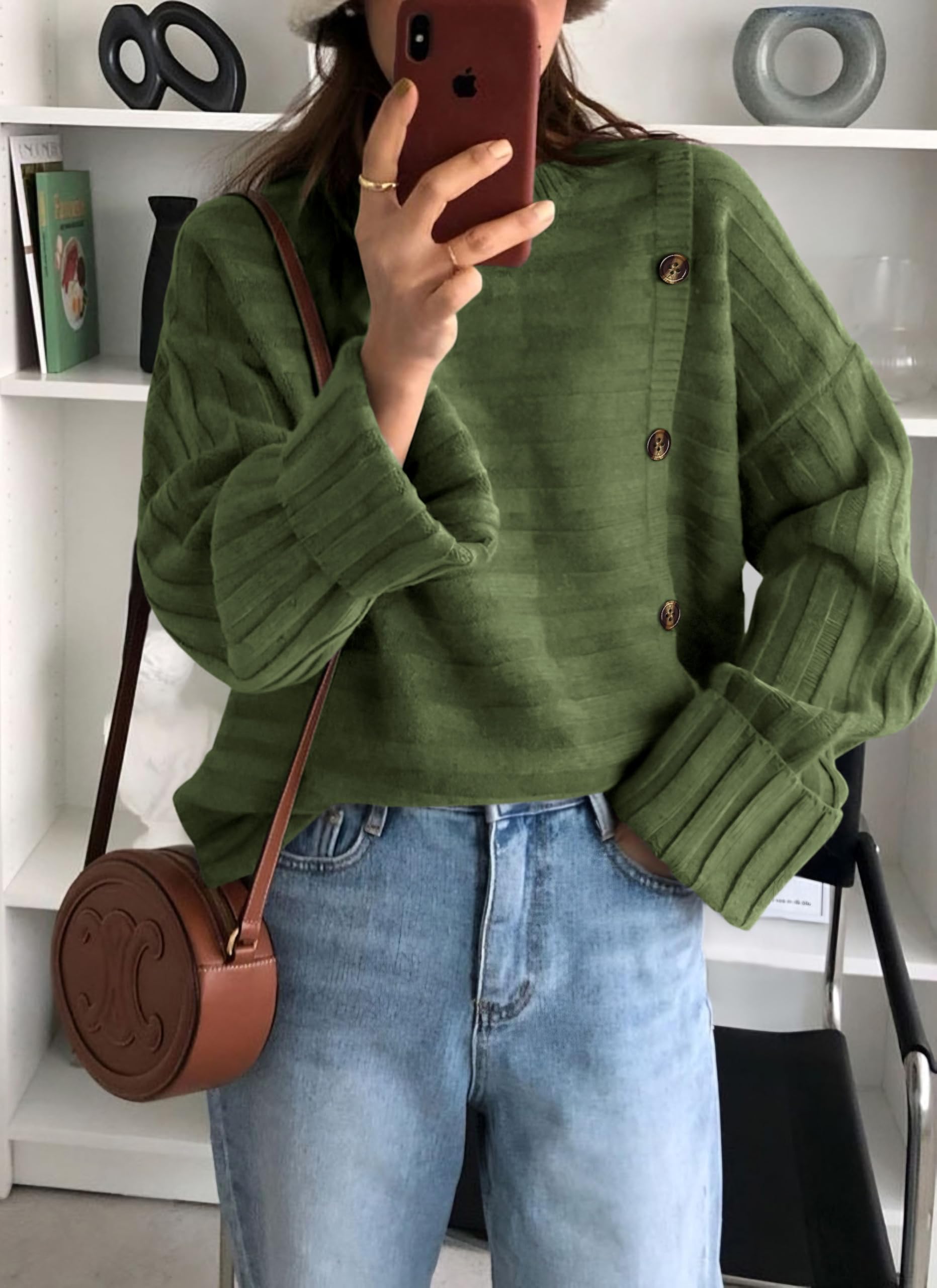 Womens Asymmetric Button Long Sleeve Sweater,Light Green,S