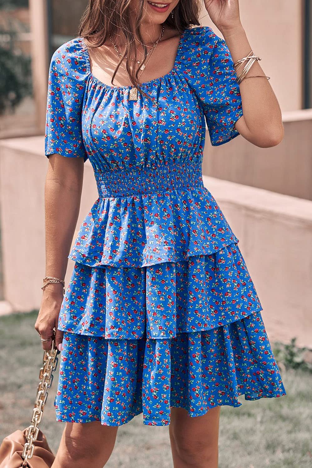 Women's 2025 Floral Summer Short Dress Square Neck Short Sleeve Tiered Ruffle Boho Swing Dresses (Blue,Small)