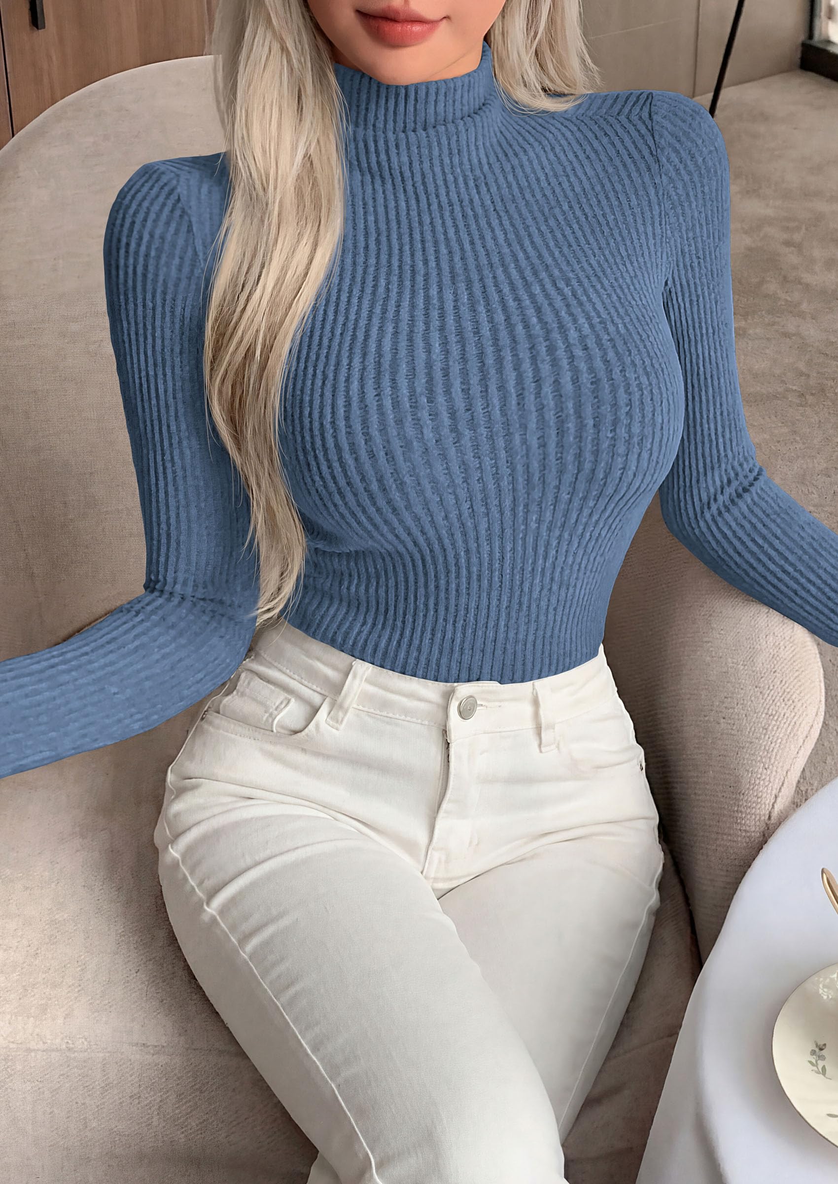 Long Sleeve Shirts for Women Fall Ribbed Mock Turtleneck Tops