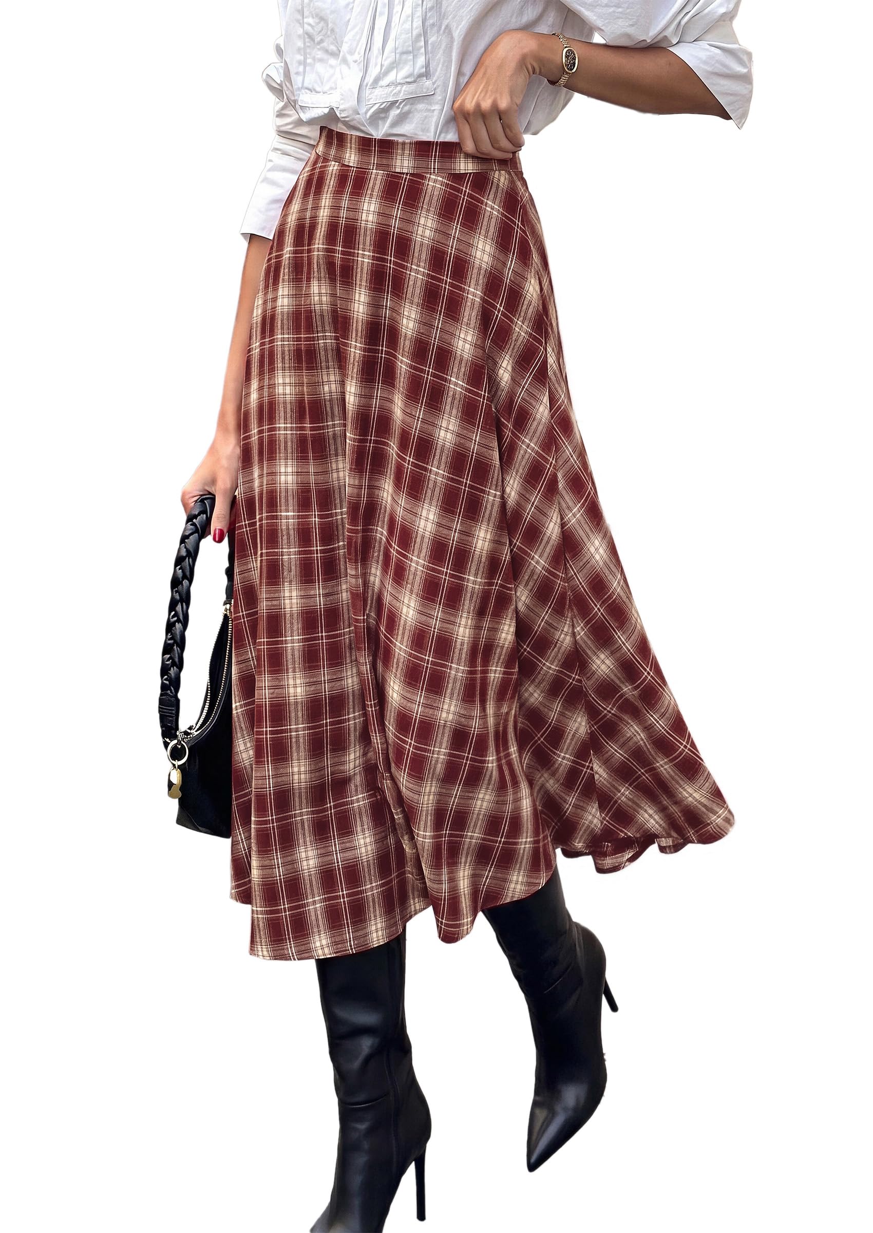 Women's Plaid High Waisted A-Line Midi Skirts,Rust Red,S