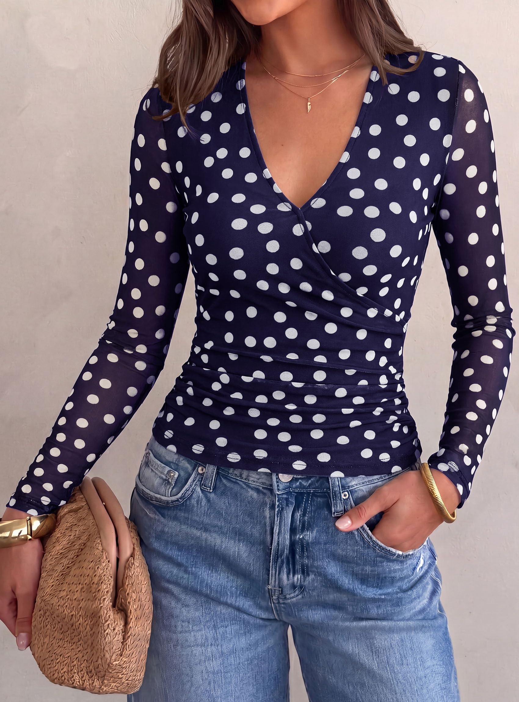 Womens Mesh Wrap Dressy Top Floral V Neck Long Sleeve Shirts
