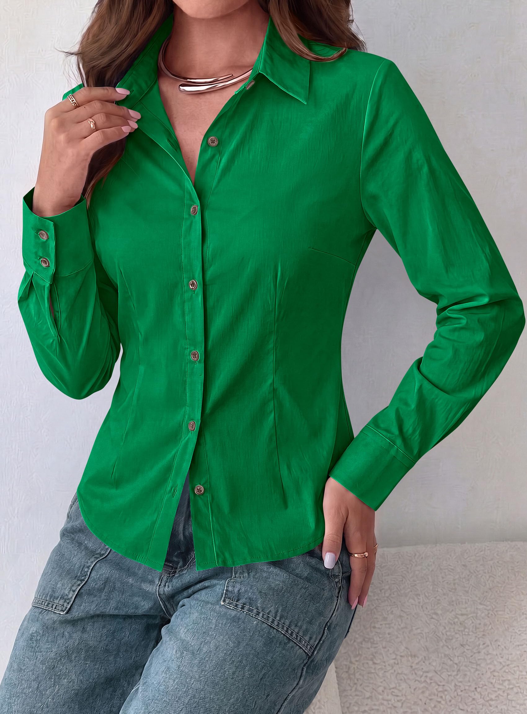 Womens Button Down Shirts Long Sleeve Blouse (Green,S)