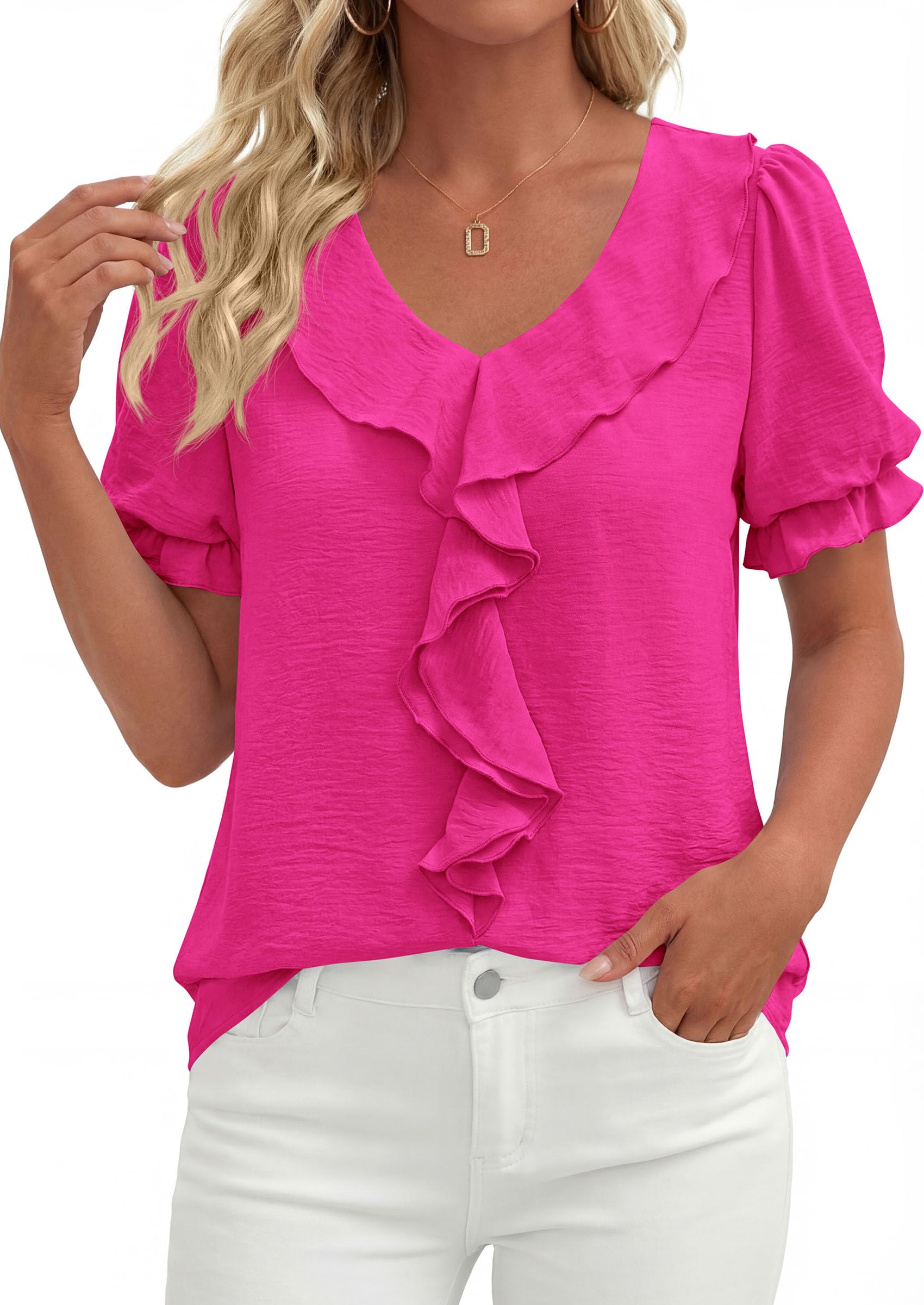 Women's Summer Ruffle Dressy Casual Blouses (Rose Red,S)