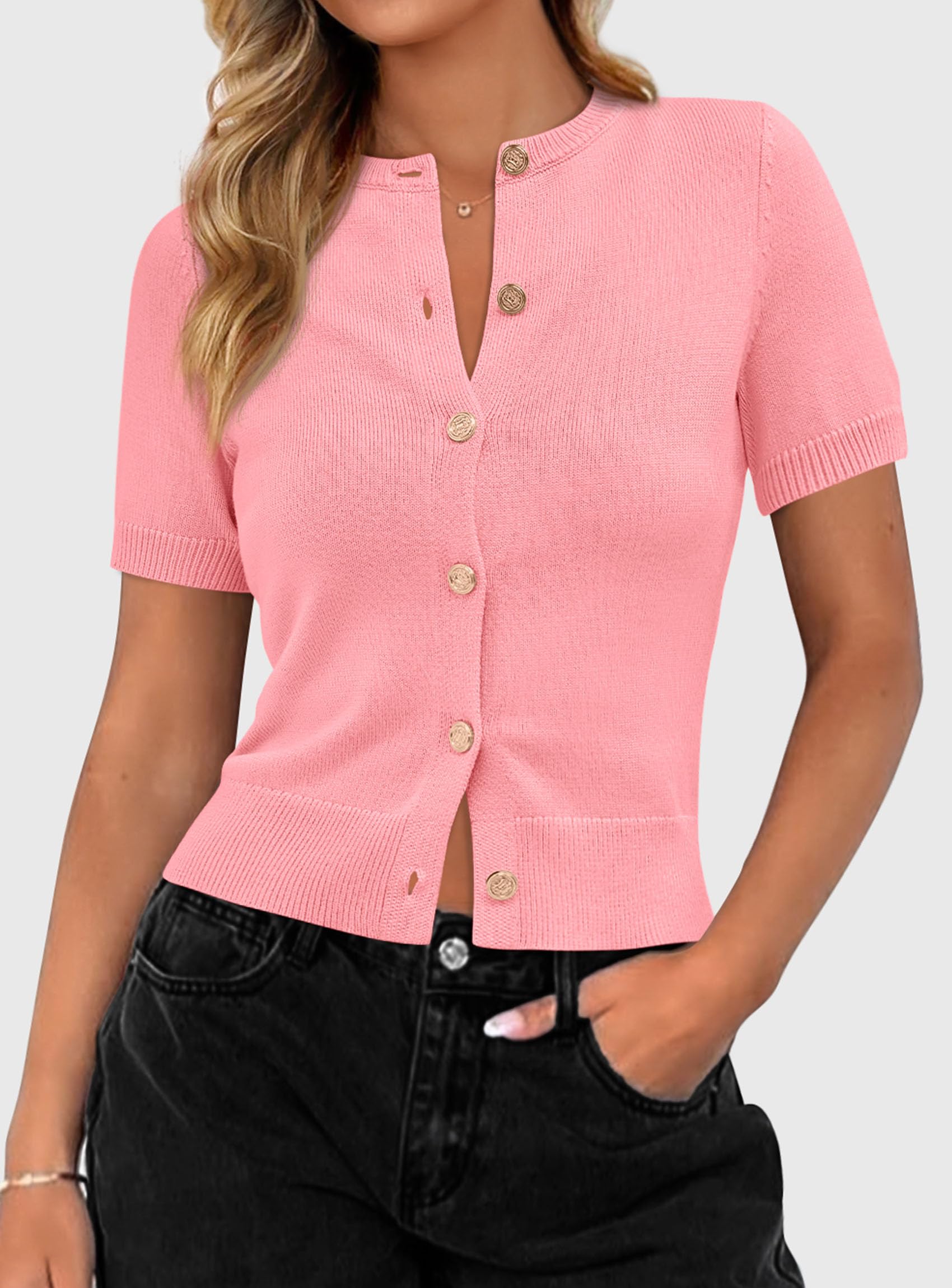 Womens Summer Cardigan Short Sleeve Sweater,Pink,S