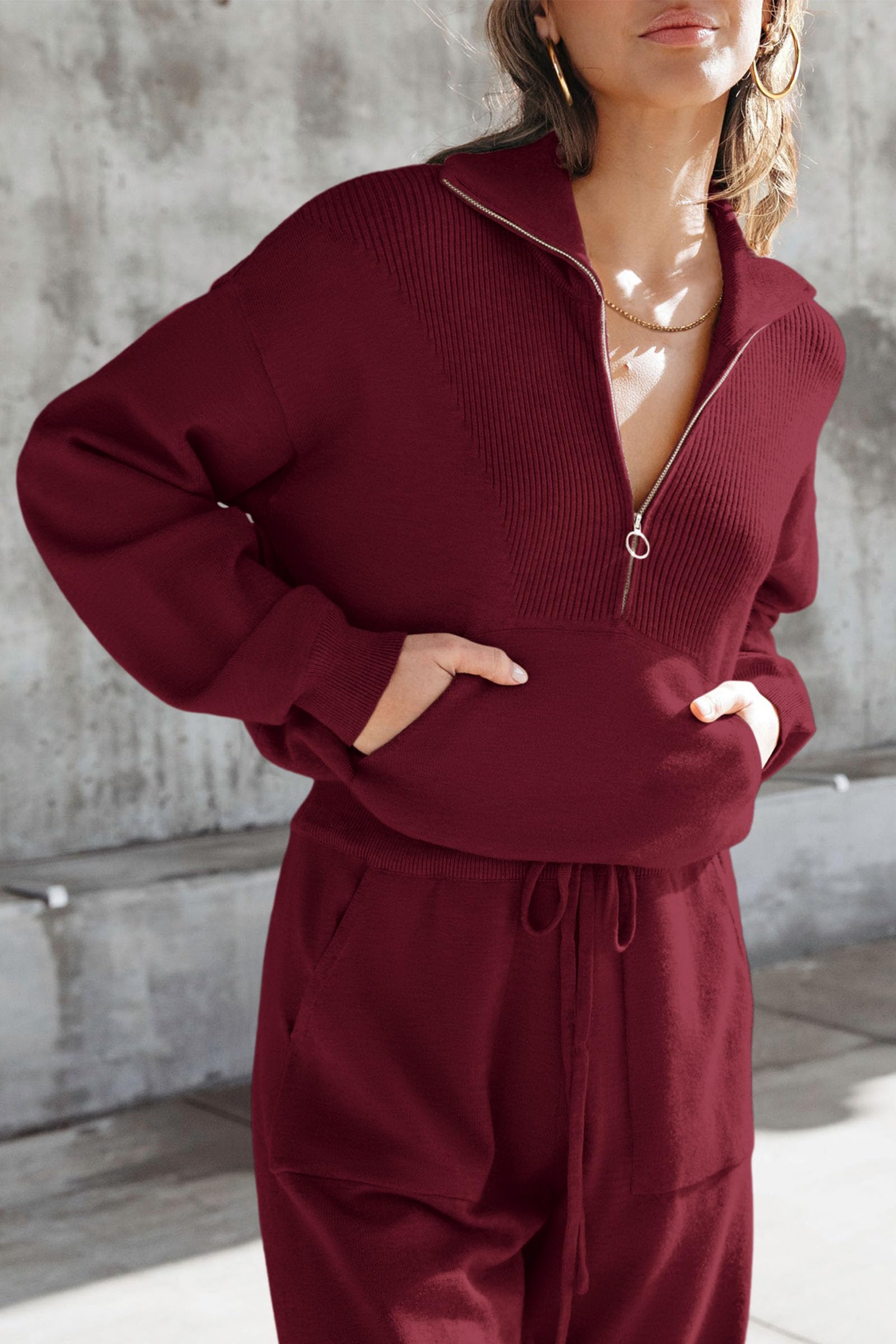Women's 2 Piece Sweatsuits Set Fall Outfits(Wine Red,S)