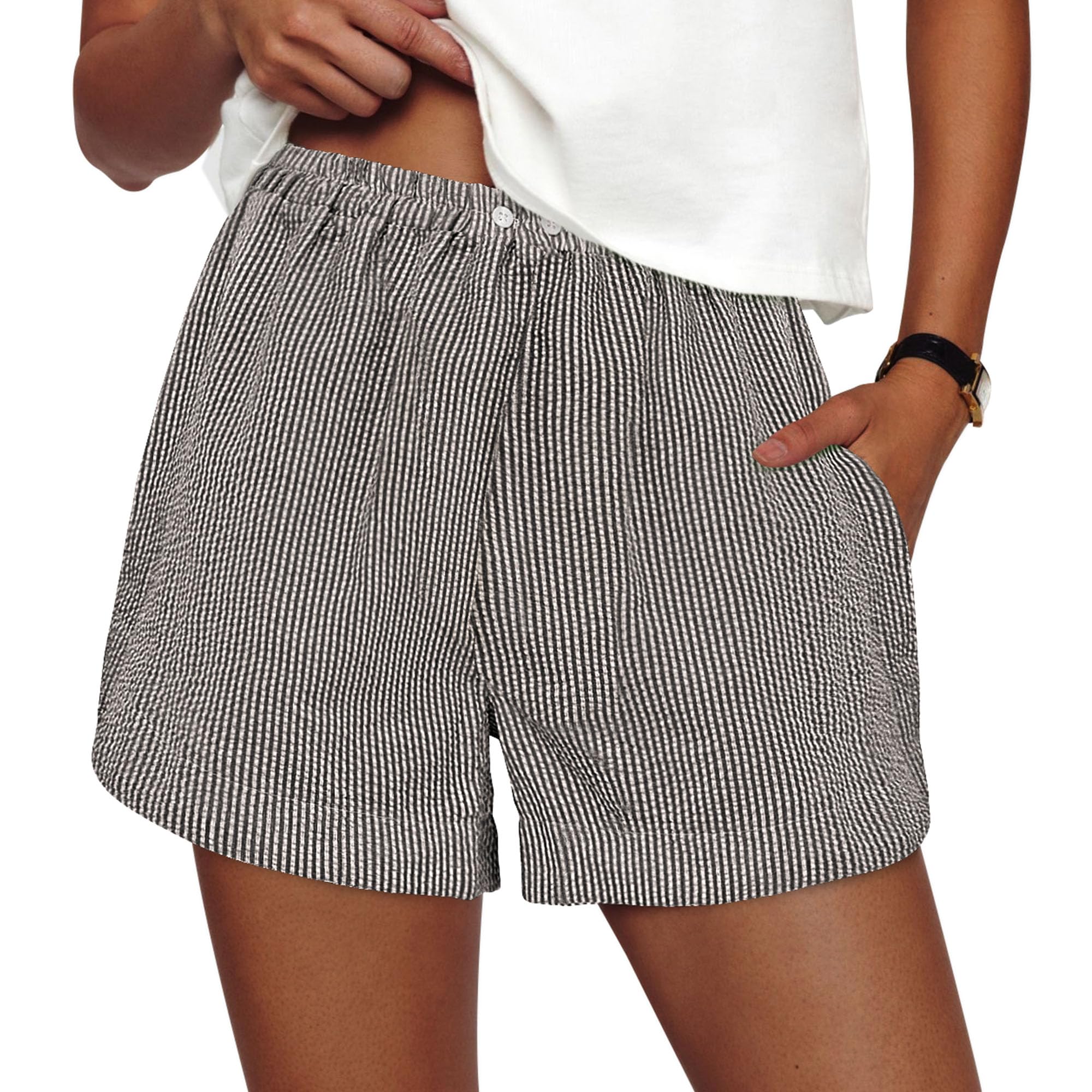 Women's Summer Striped Boxer Shorts, Striped Black White,S