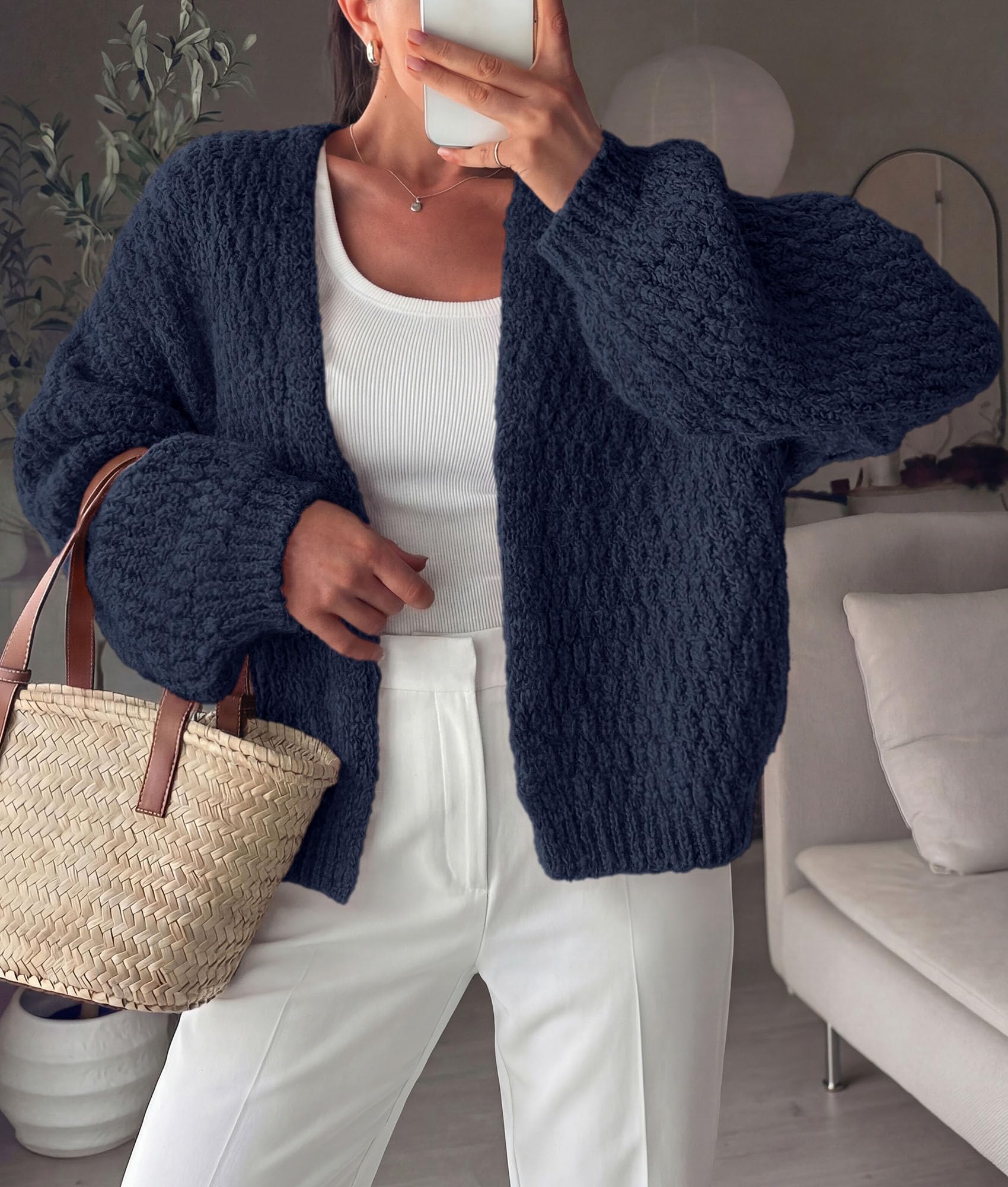 Women's Fall Cardigan Open Front Chunky Sweaters Navy Blue S