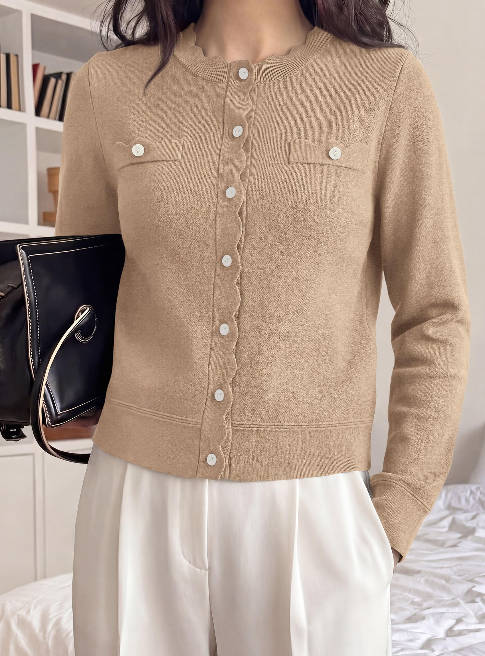 Womens Lightweight Cardigan Sweaters Scalloped Trim Fall Tops