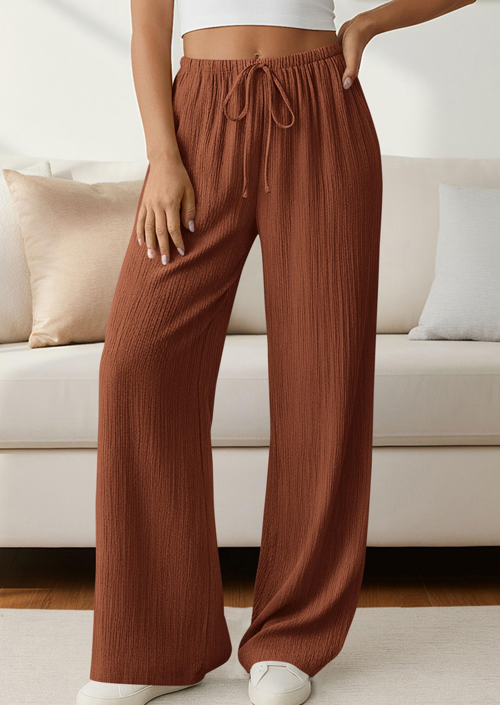 Women's Palazzo Pants Casual Wide Leg Trousers,Brick Red,S