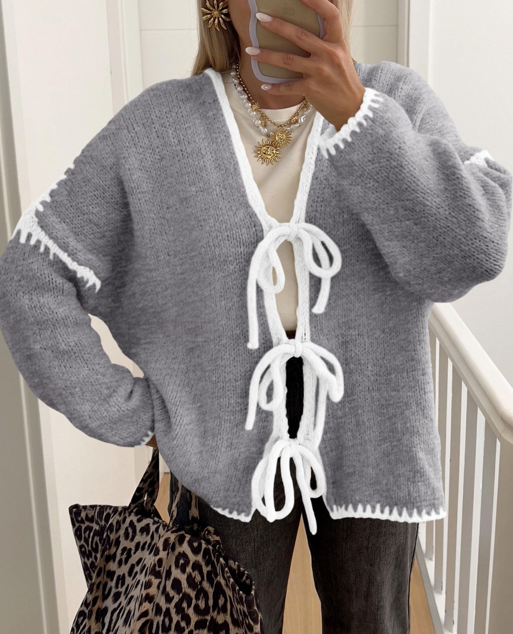Women's Tie Front Bow Cardigan Sweaters(Grey White,Small)