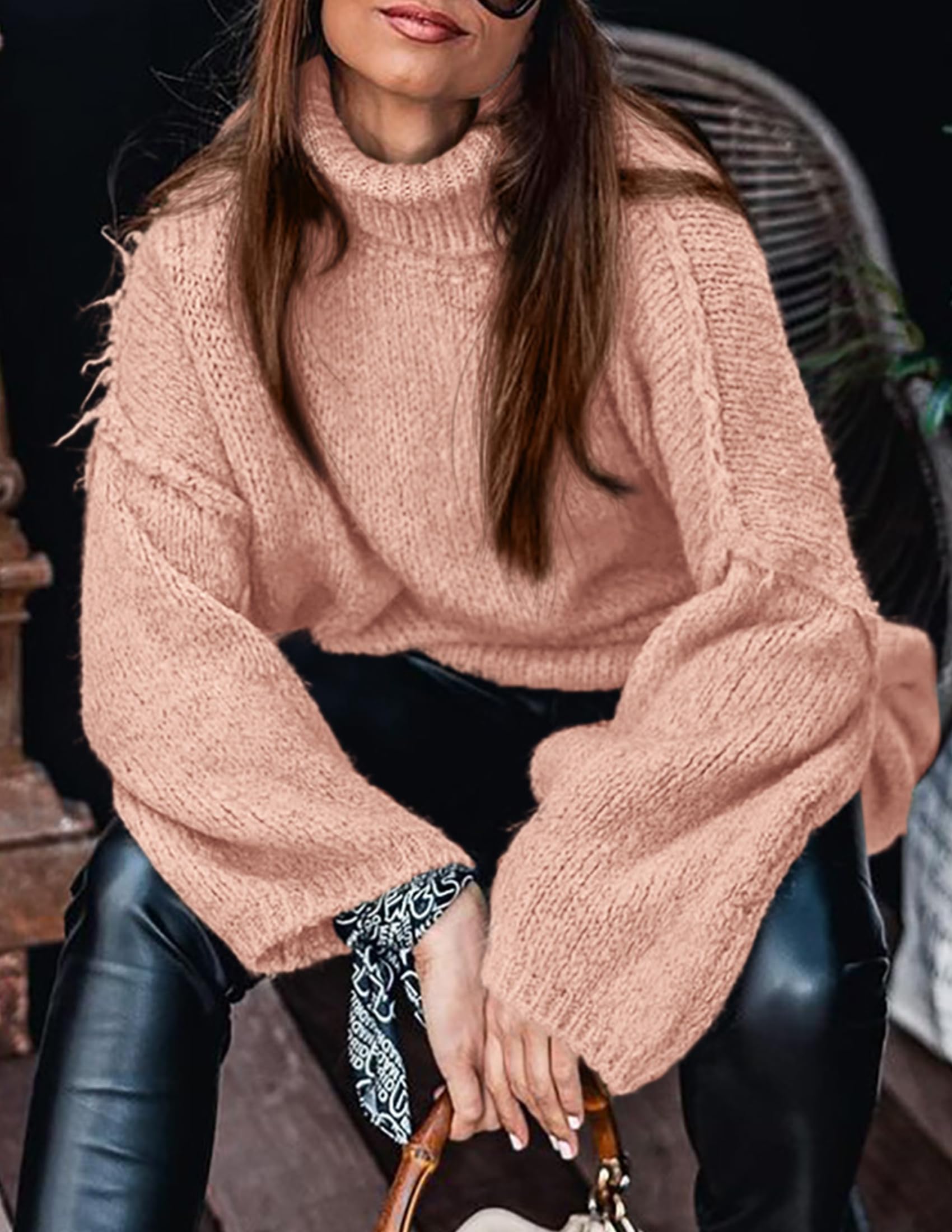 Womens Turtleneck Long Sleeve Oversized Sweaters,Light Pink,S