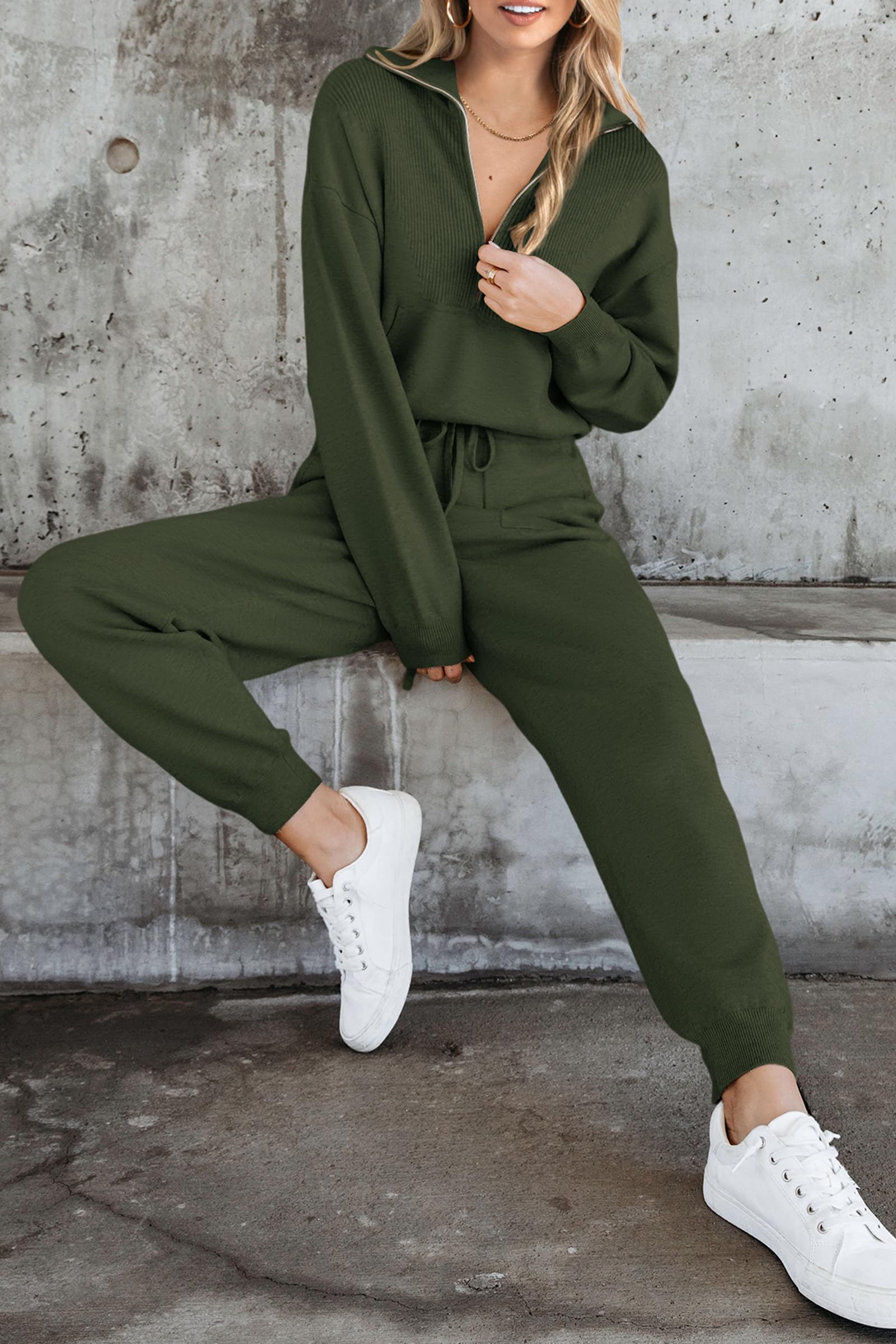 Women's 2 Piece Sweatsuits Set Fall Outfits(Army Green,S)