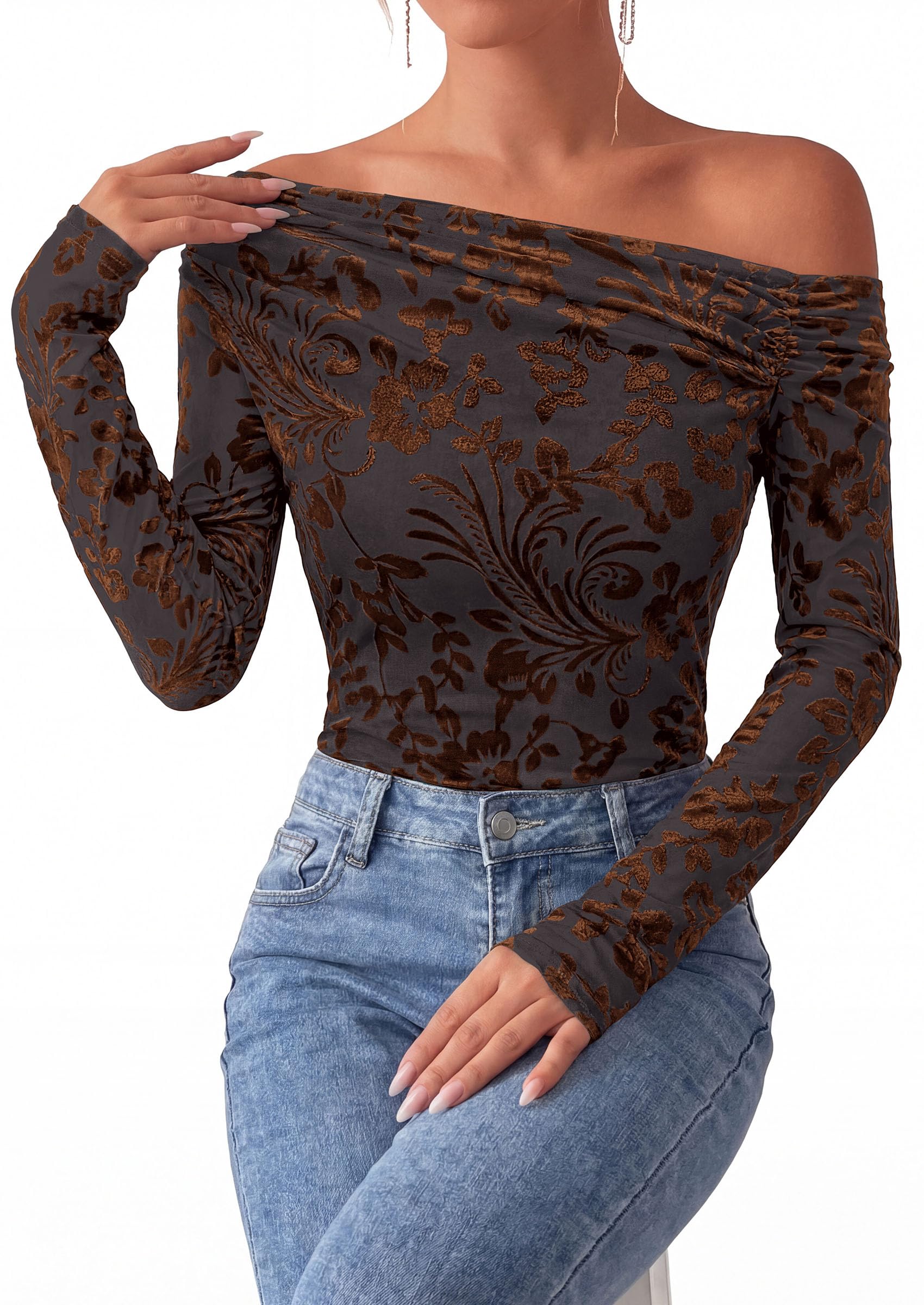 Off the Shoulder Tops for Women Fall Mesh Floral Blouses Brown