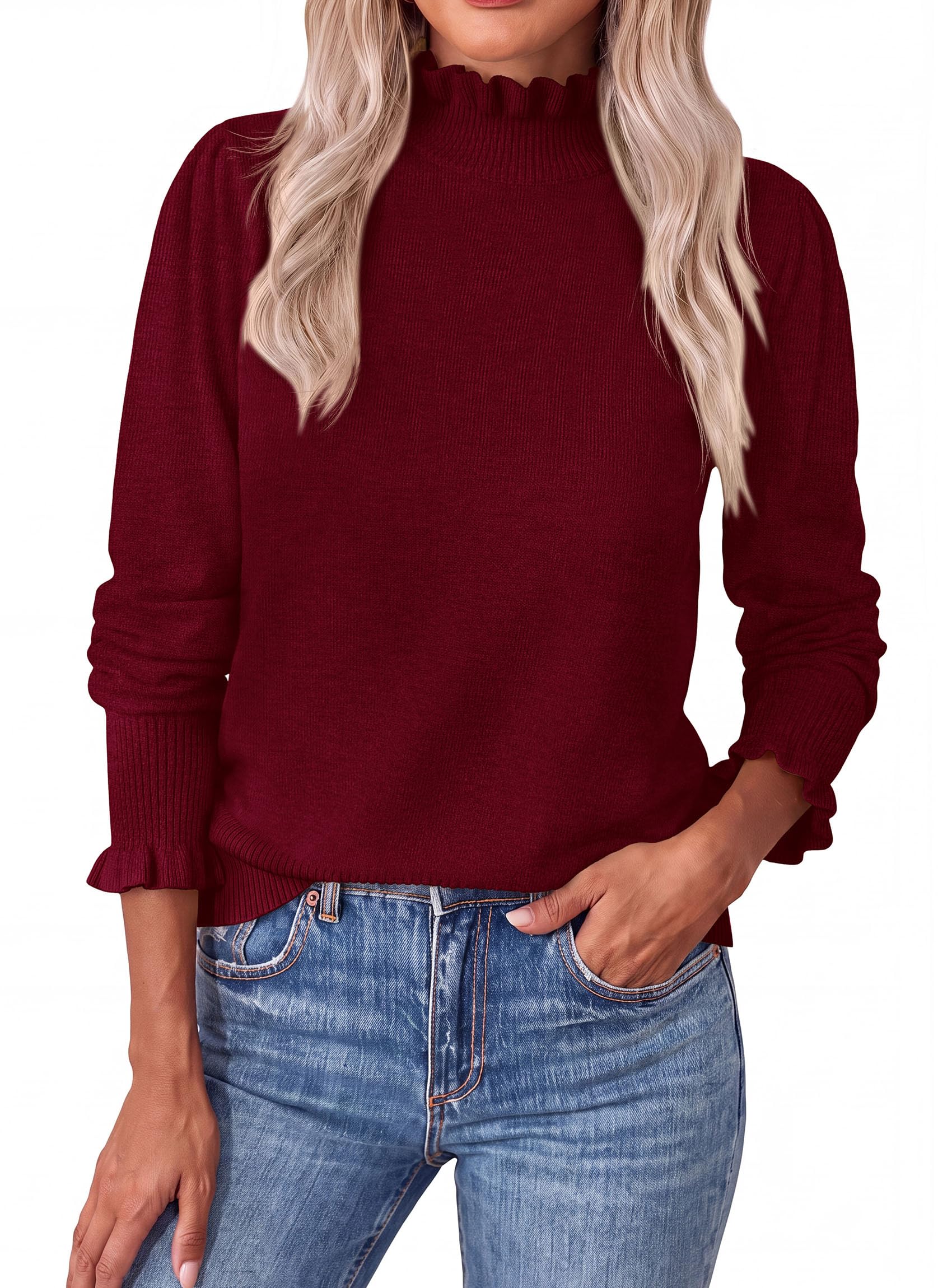 Women's Fall Cozy Sweaters Trendy Ruffle Mock Neck Pullover