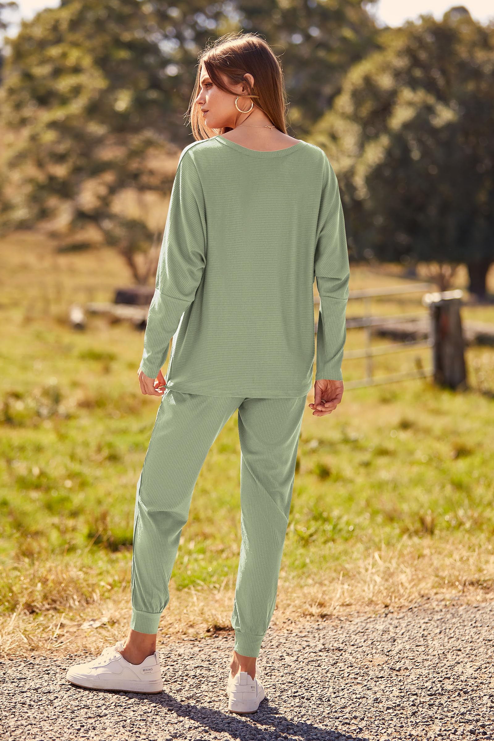 Women's 2 Piece Fall Outfits Matching Ribbed Knit Lounge Sets