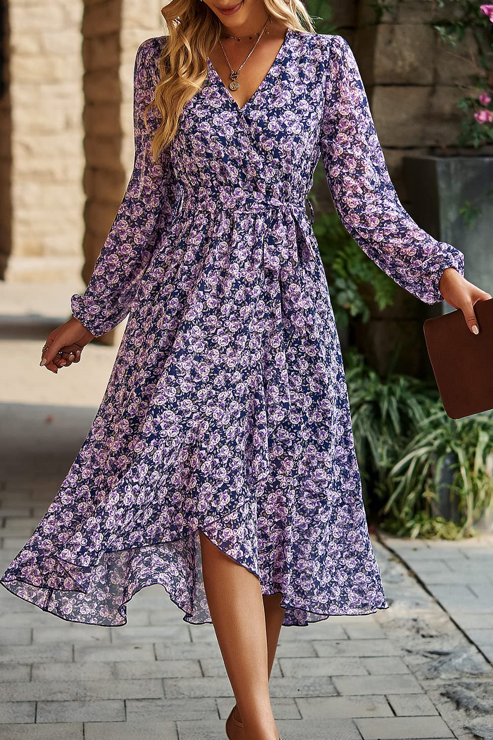 Women's Floral Boho Long Sleeve Maxi Dress, Floral Navy,S