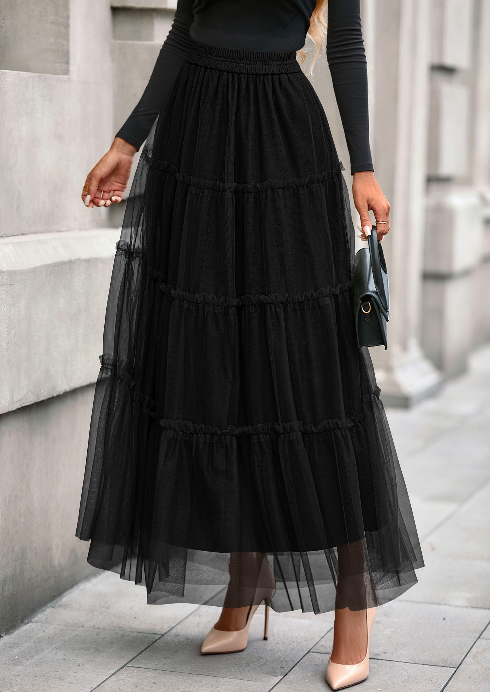 Women's Fall Soft Tulle Tiered Long Skirt,Black,S