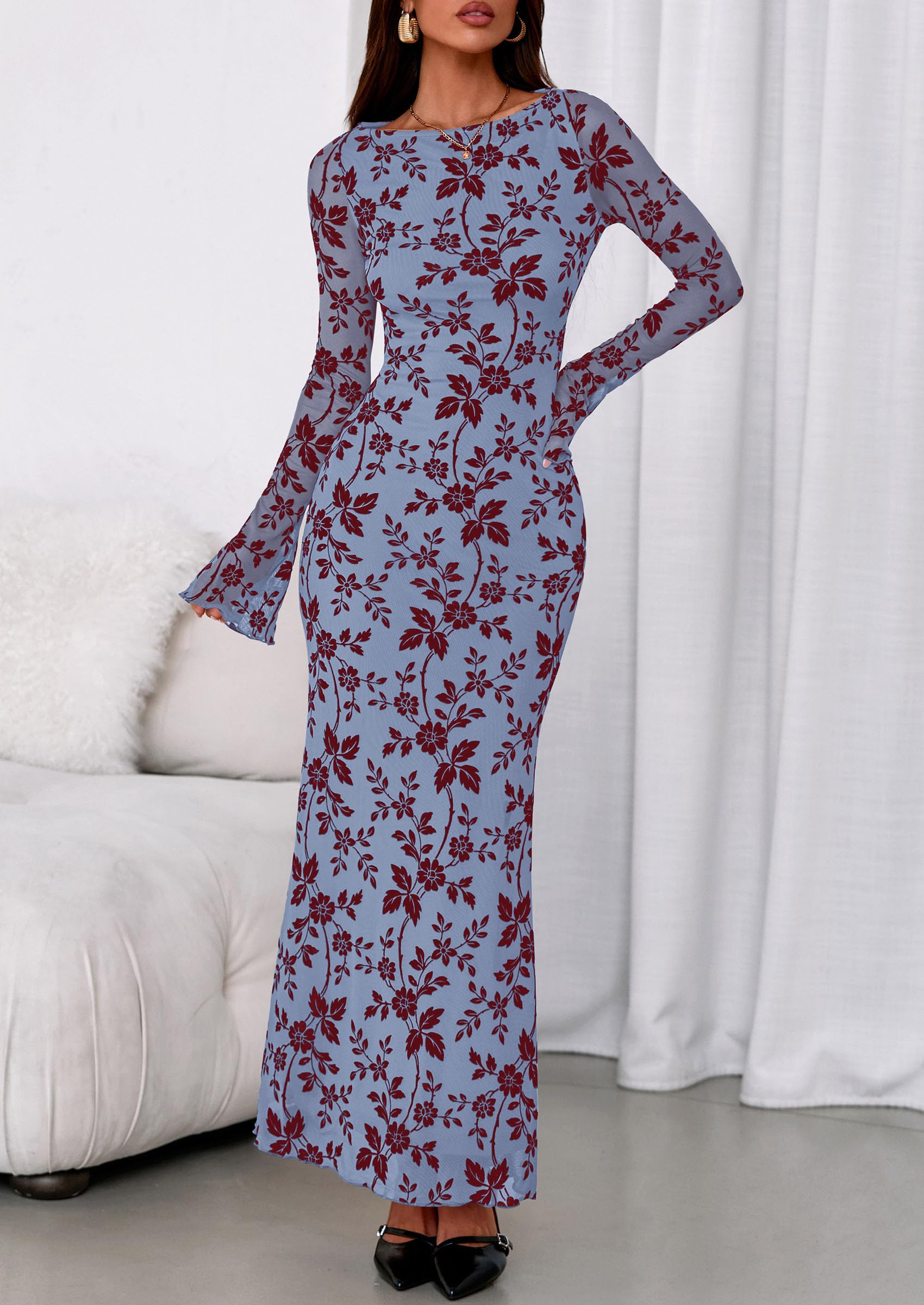 Women's Floral Bodycon Maxi Dress Wedding Guest Dresses