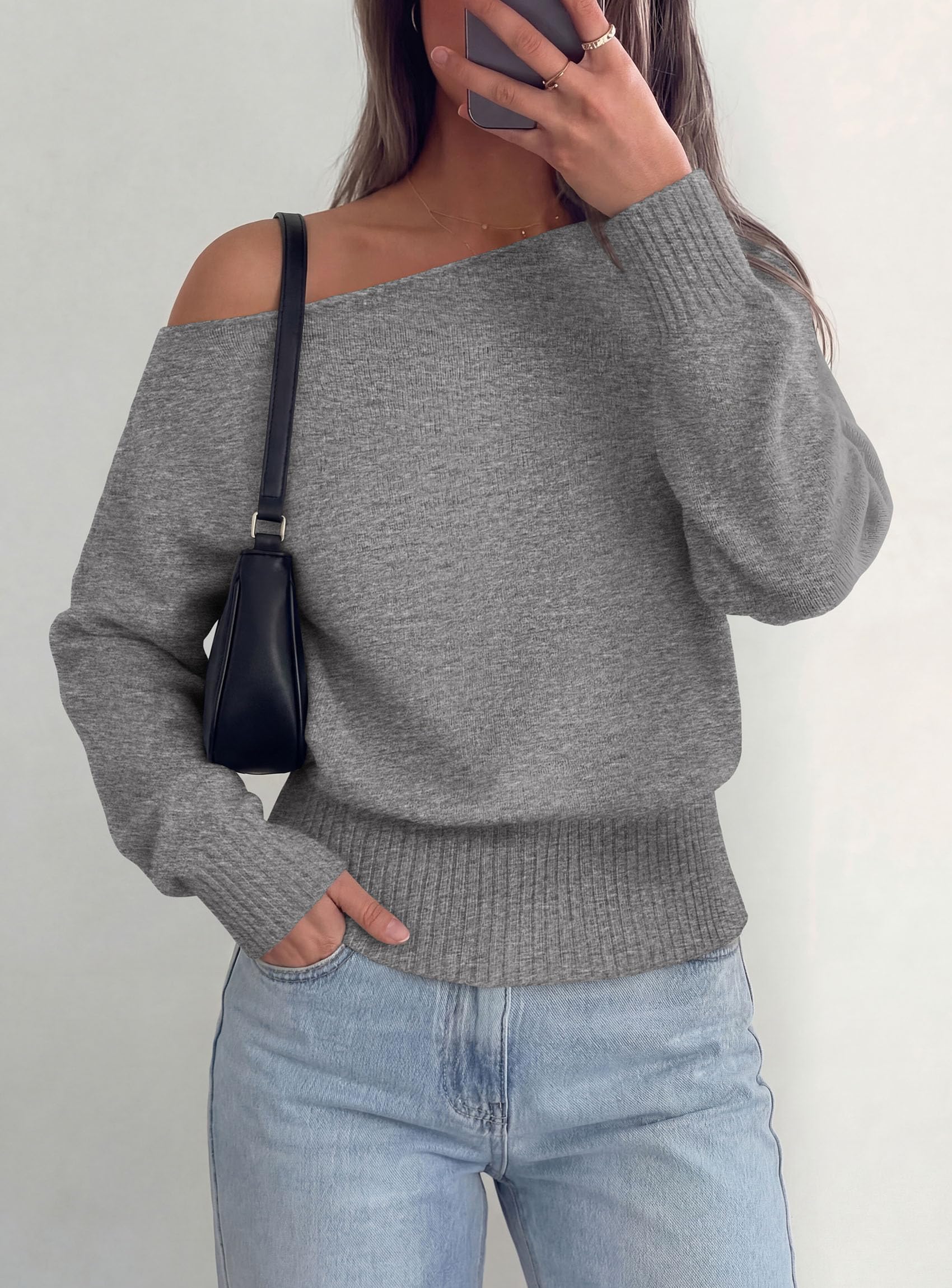Womens Off The Shoulder Sweater Fall Fashion,Grey,S