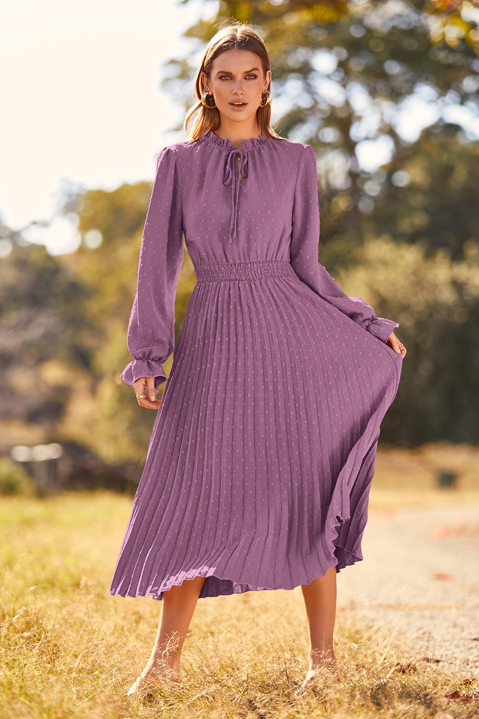 Women's Fall Midi Wedding Guest Dress(Purple,Small)