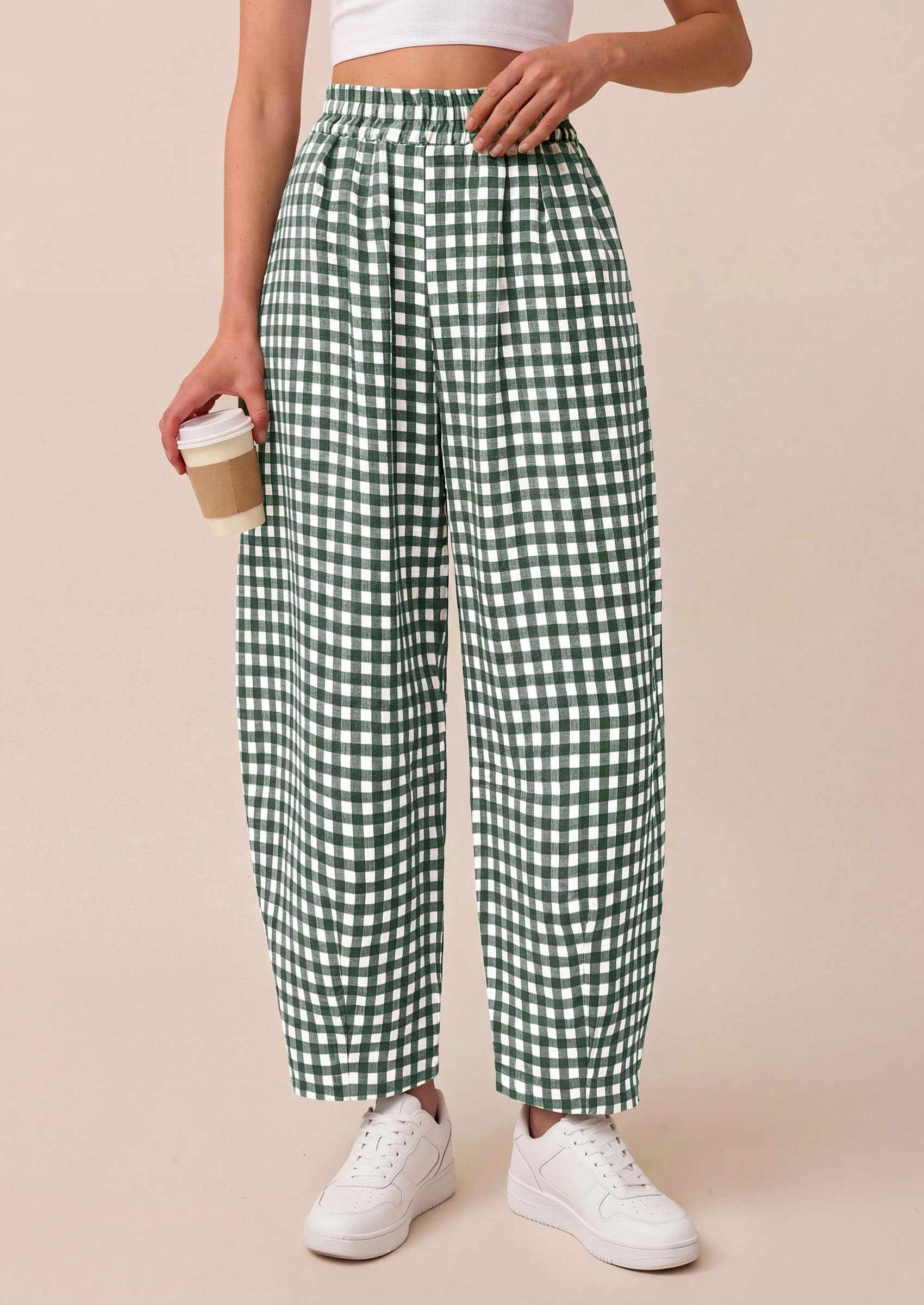 Plaid Barrel Pants Women Summer Bottoms, Dark Green Plaid,S