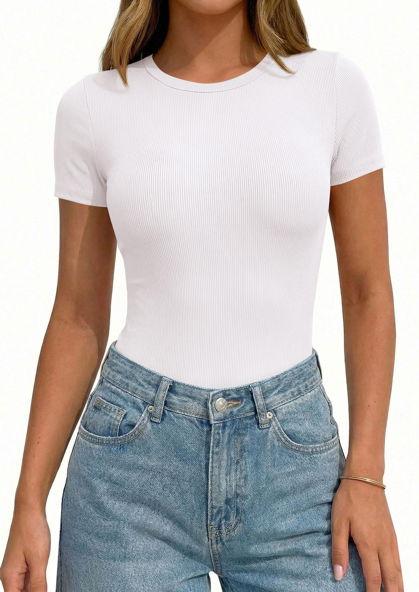 Body Suits for Womens Short Sleeve Summer Tops, White,L
