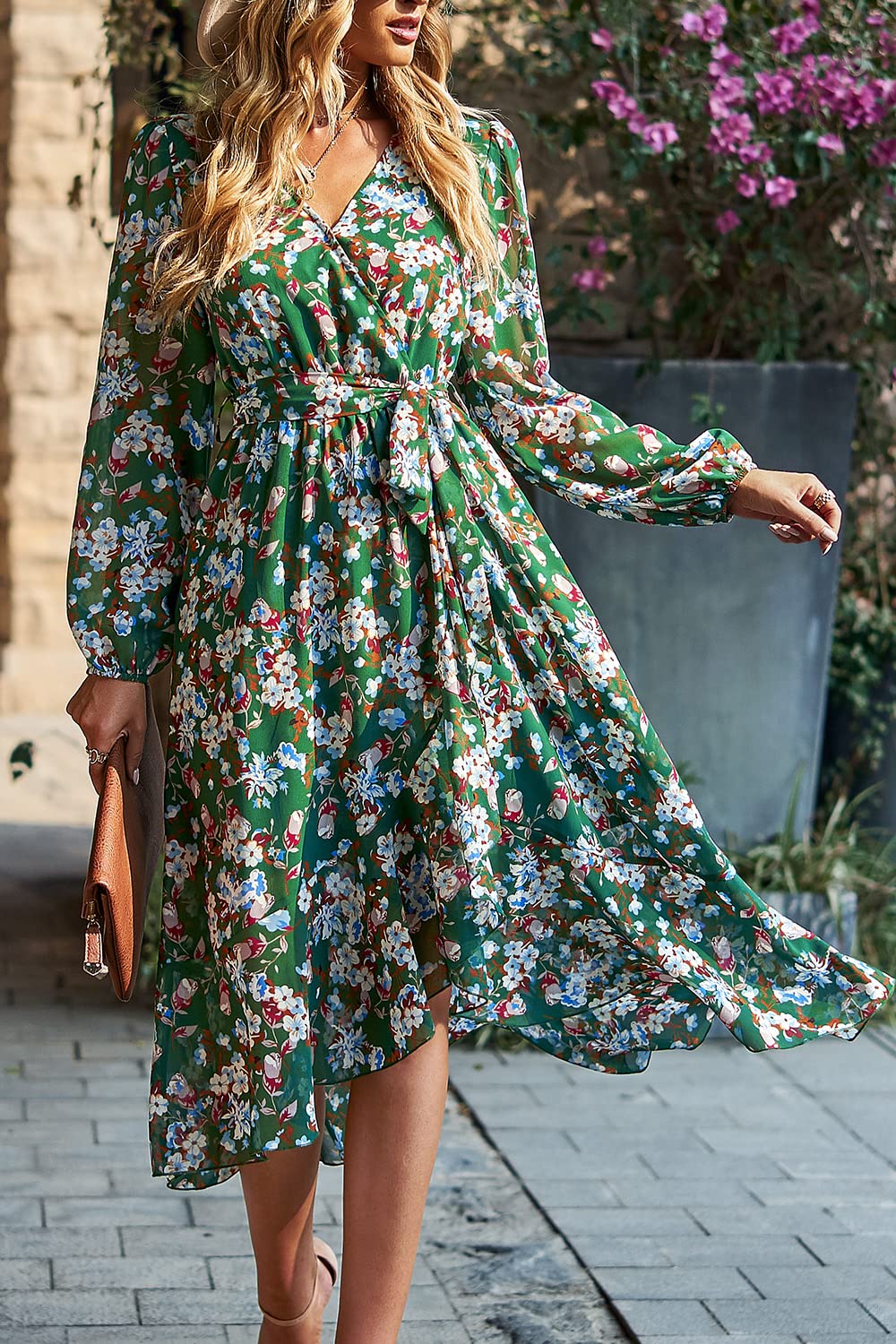 Women's Floral Boho Long Sleeve Maxi Dress, Floral Green,S