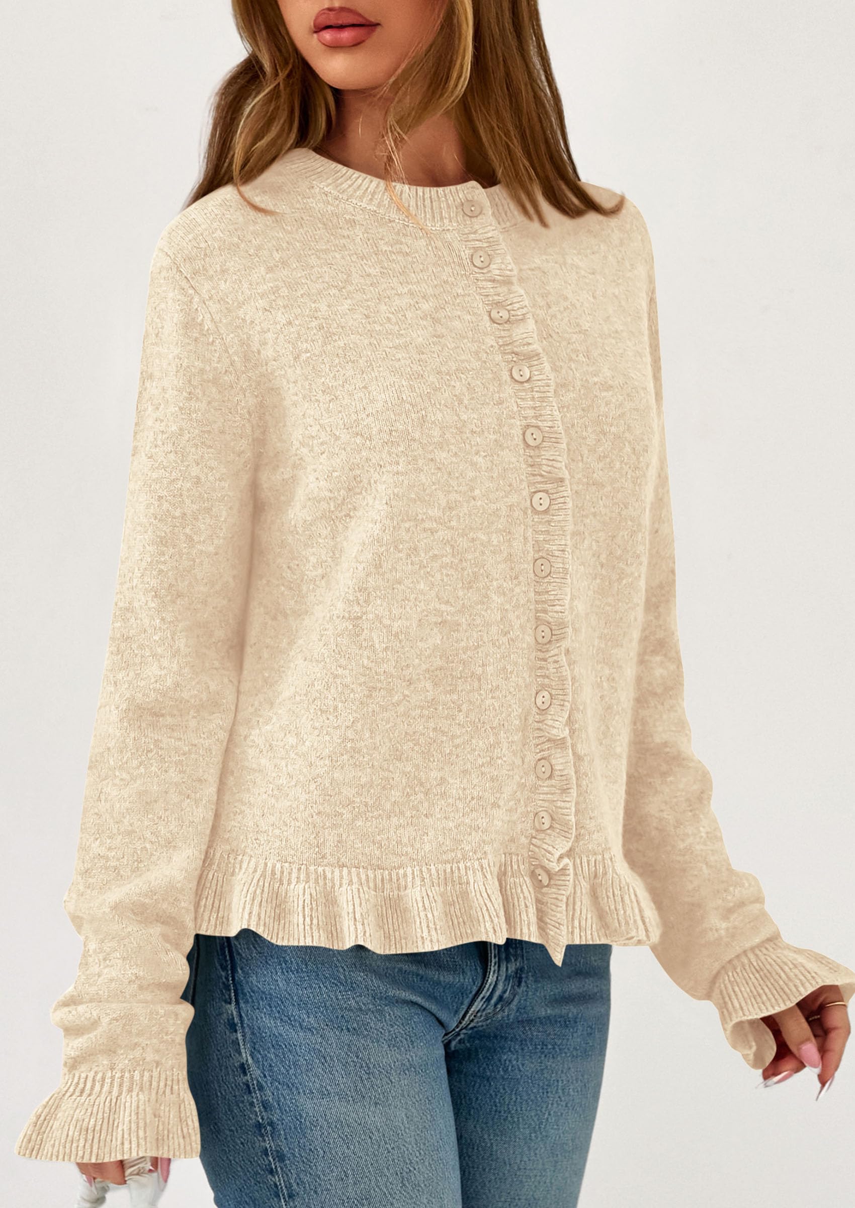Womens Ruffle Button Down Cardigan Sweaters,Beige,S