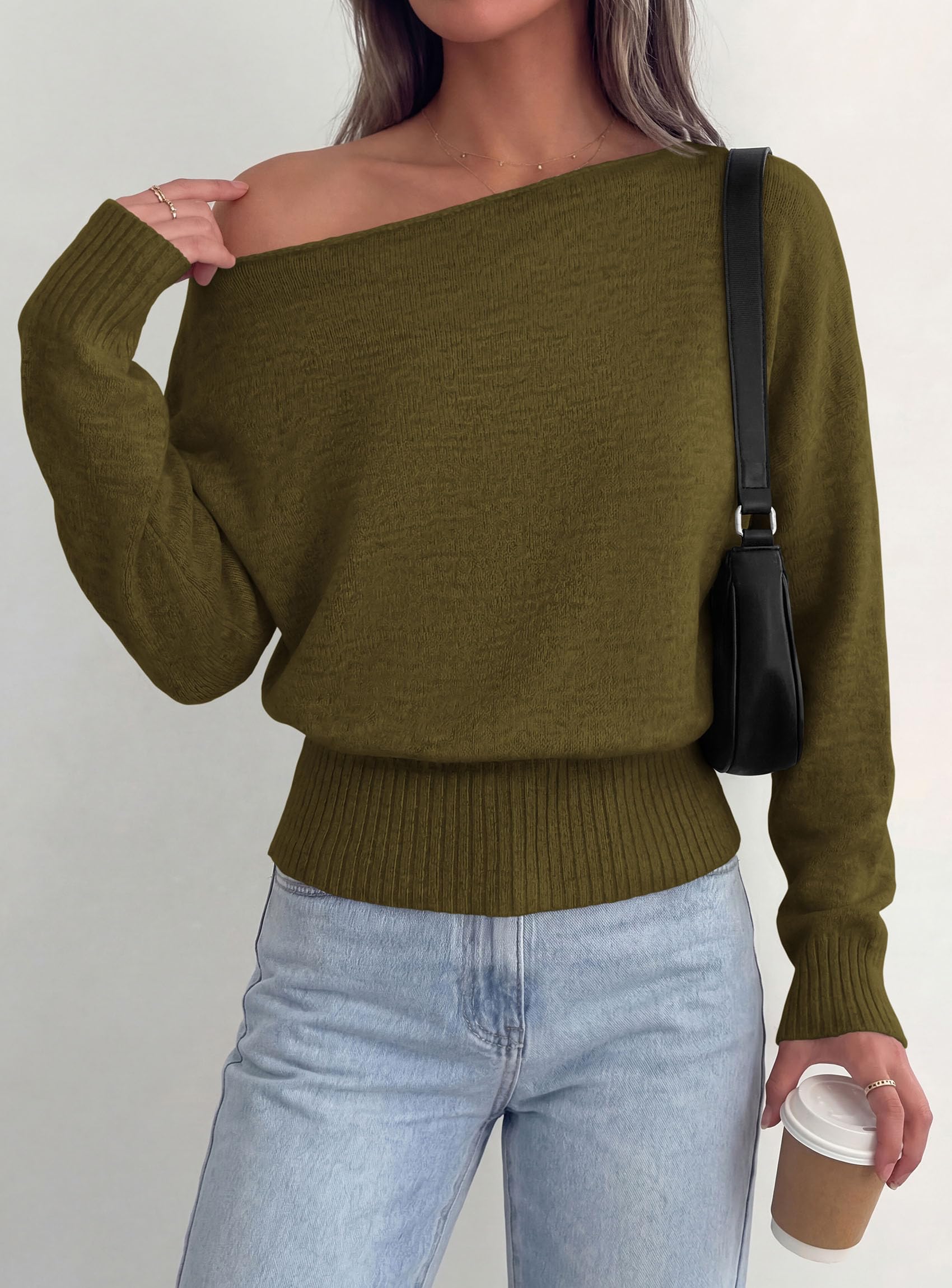 Womens Off The Shoulder Sweater Fall Fashion,Army Green,S