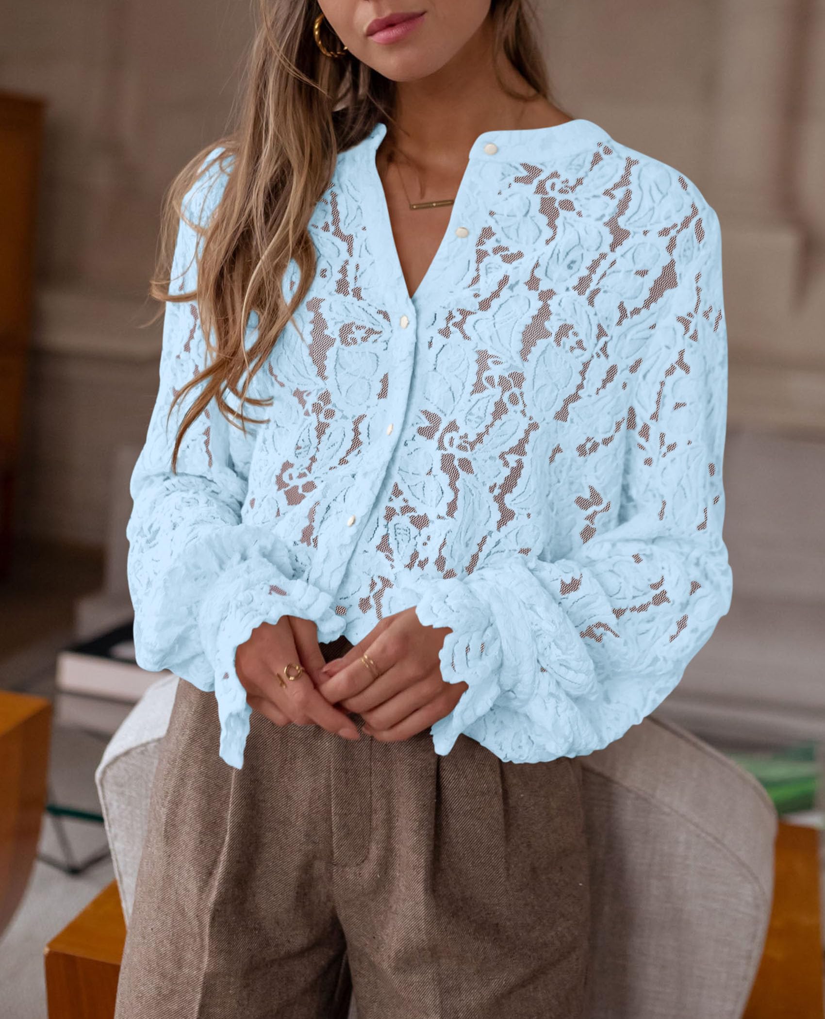 Women's Fall Trendy Long Sleeve Lace Tops(Light Blue,Small)