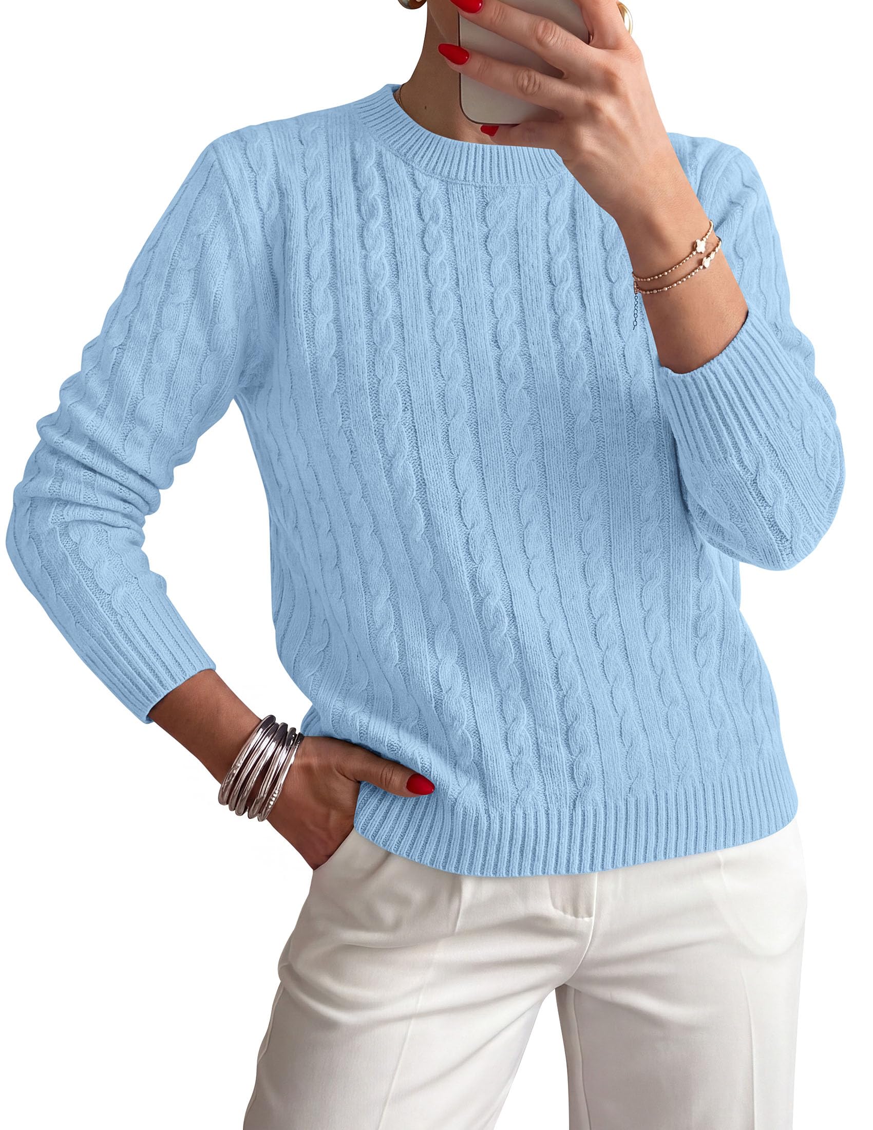 Womens Cable Knit Crewneck Fall Sweater Long Sleeve Tops 2026