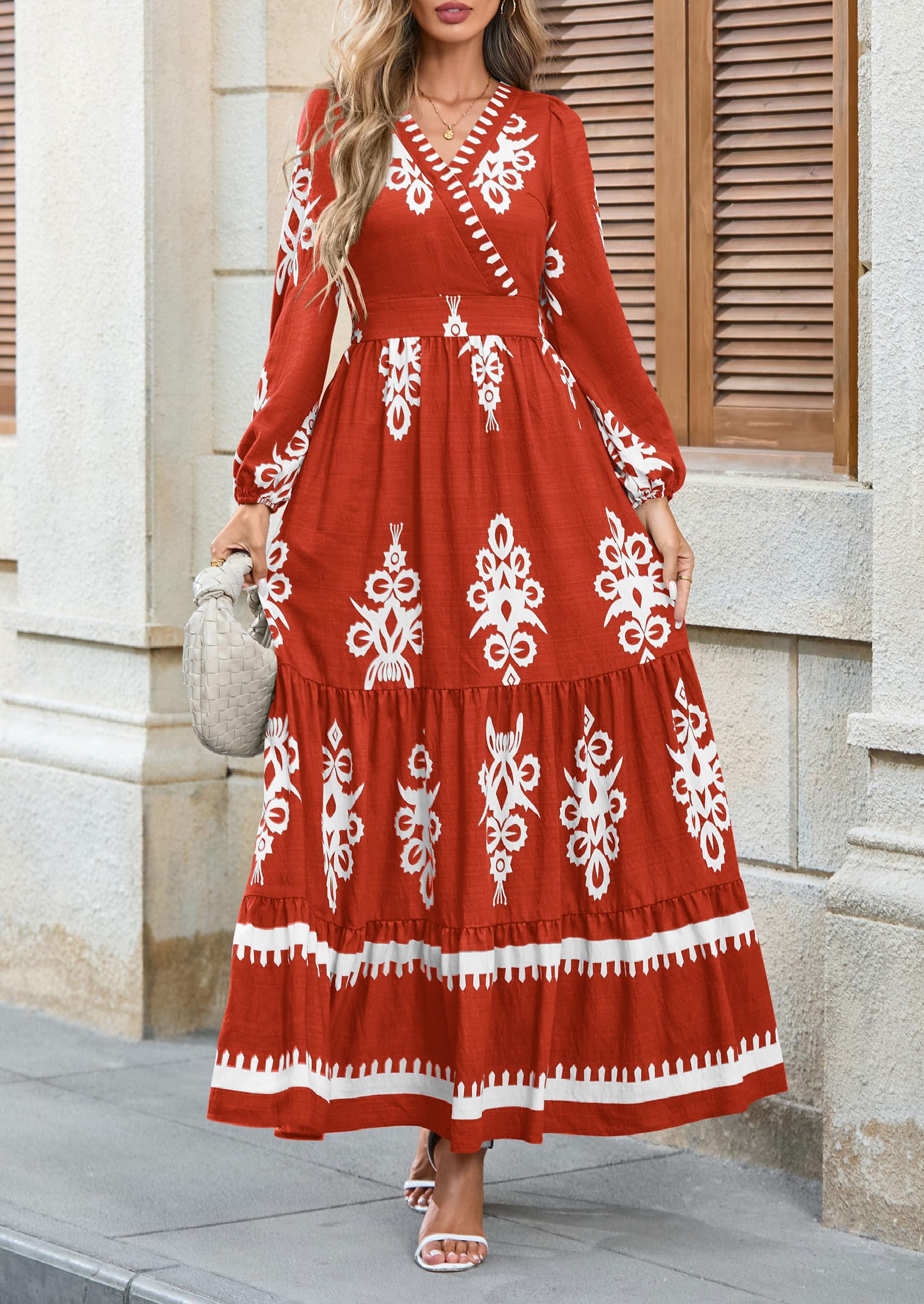 Women's Long Sleeve Floral Boho Maxi Wedding Guest Dress