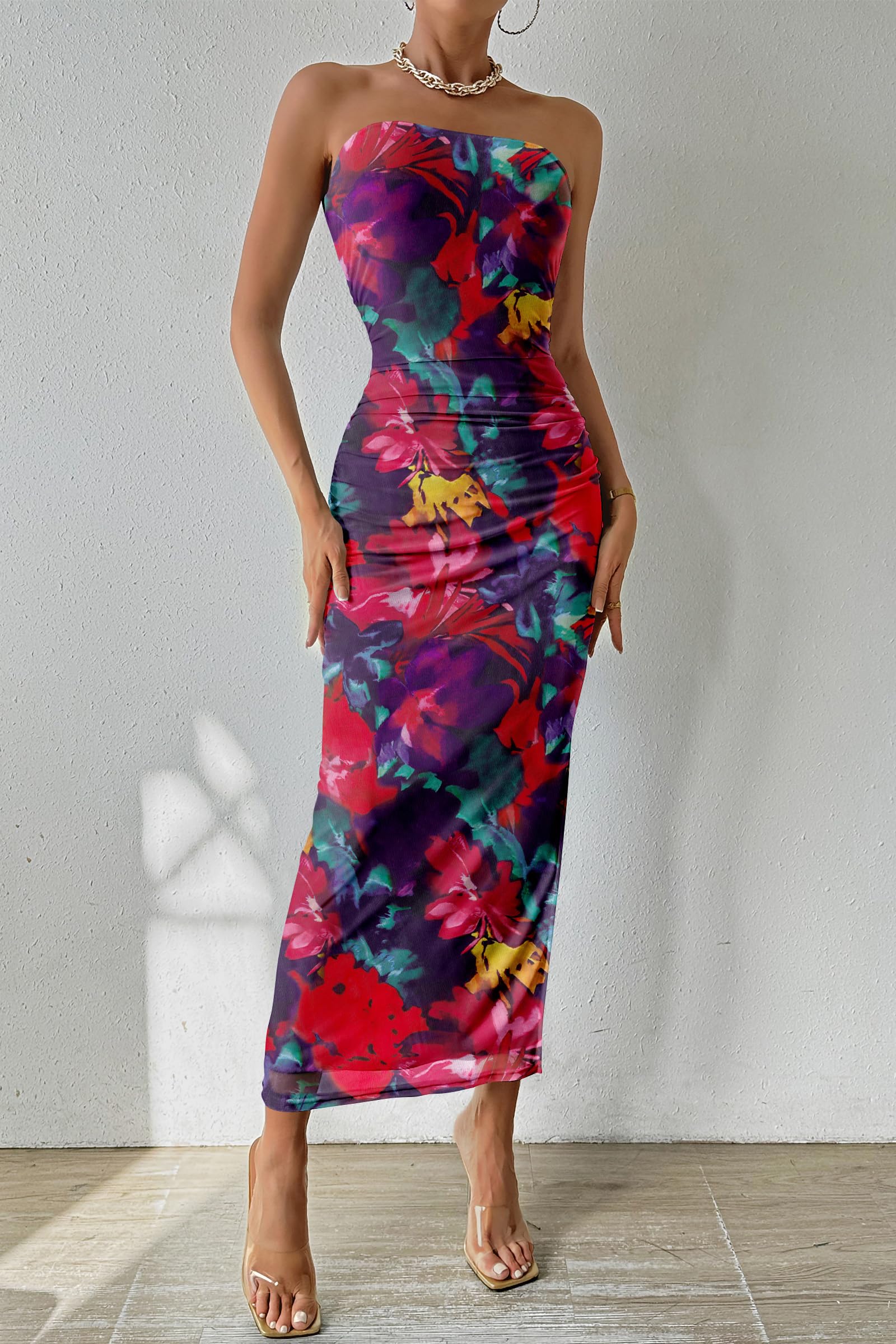 Womens Strapless Bodycon Maxi Dress, Navy Red Big Floral,S
