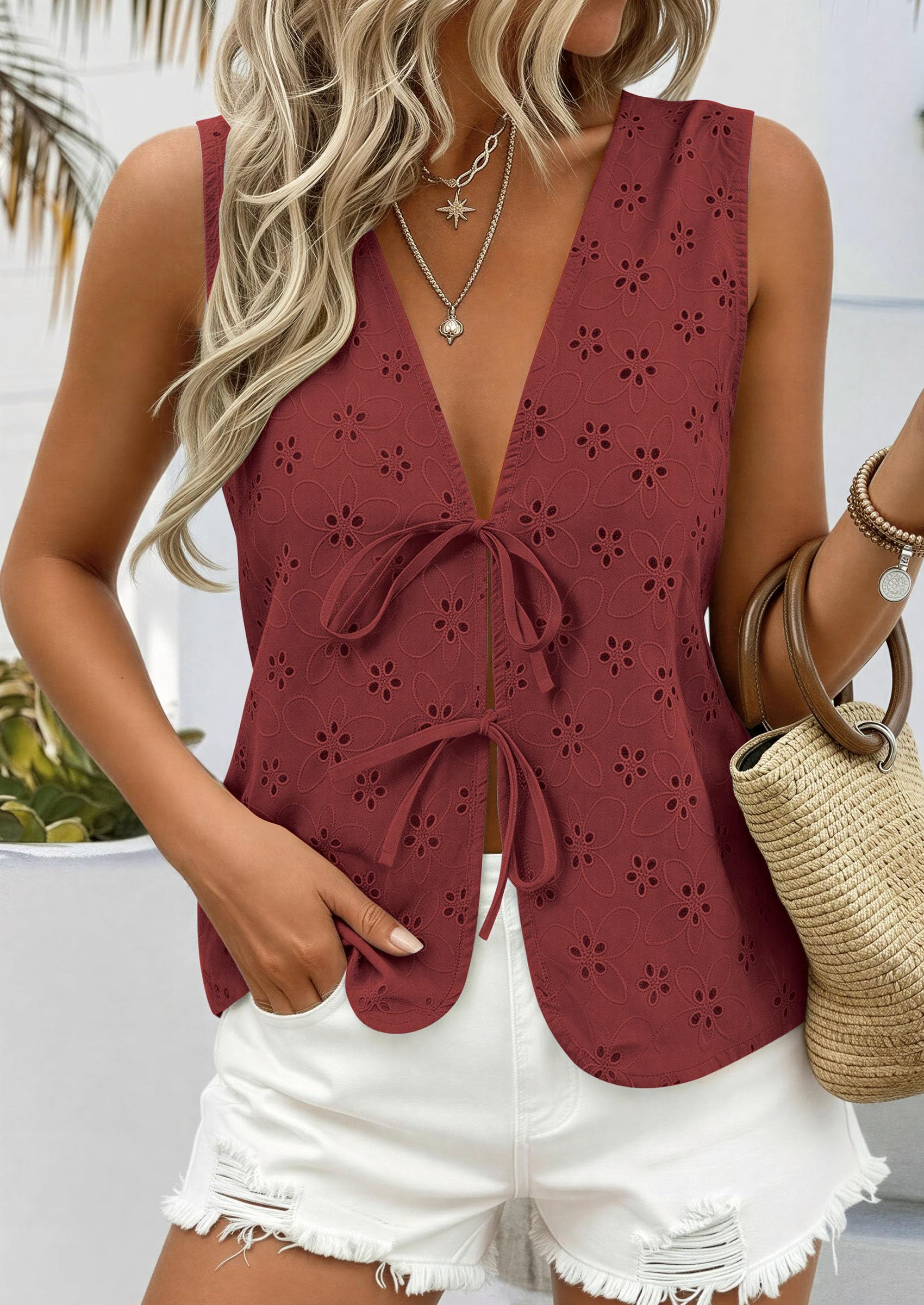 Women's Summer Eyelet Lace Tie Front Vest Tops (Brown Red,S)