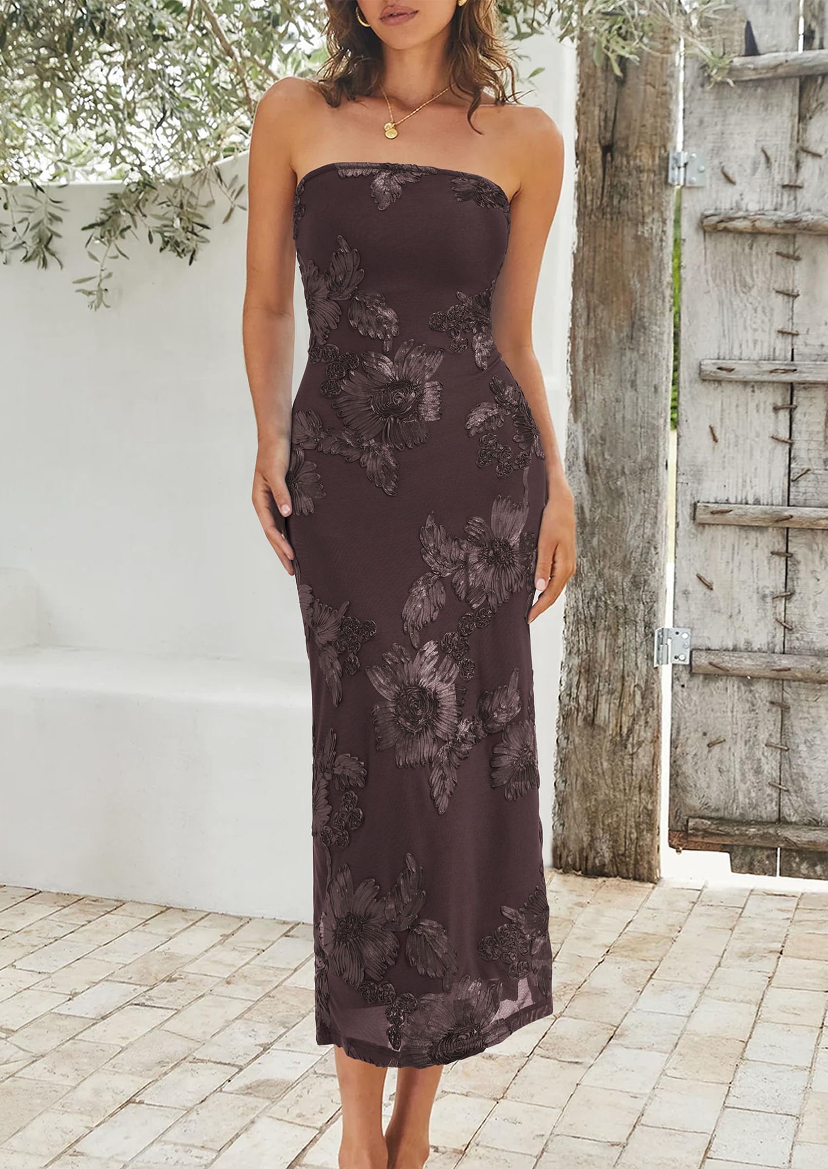 Women's Summer Wedding Guest Floral Midi Dress, Coffee,XS