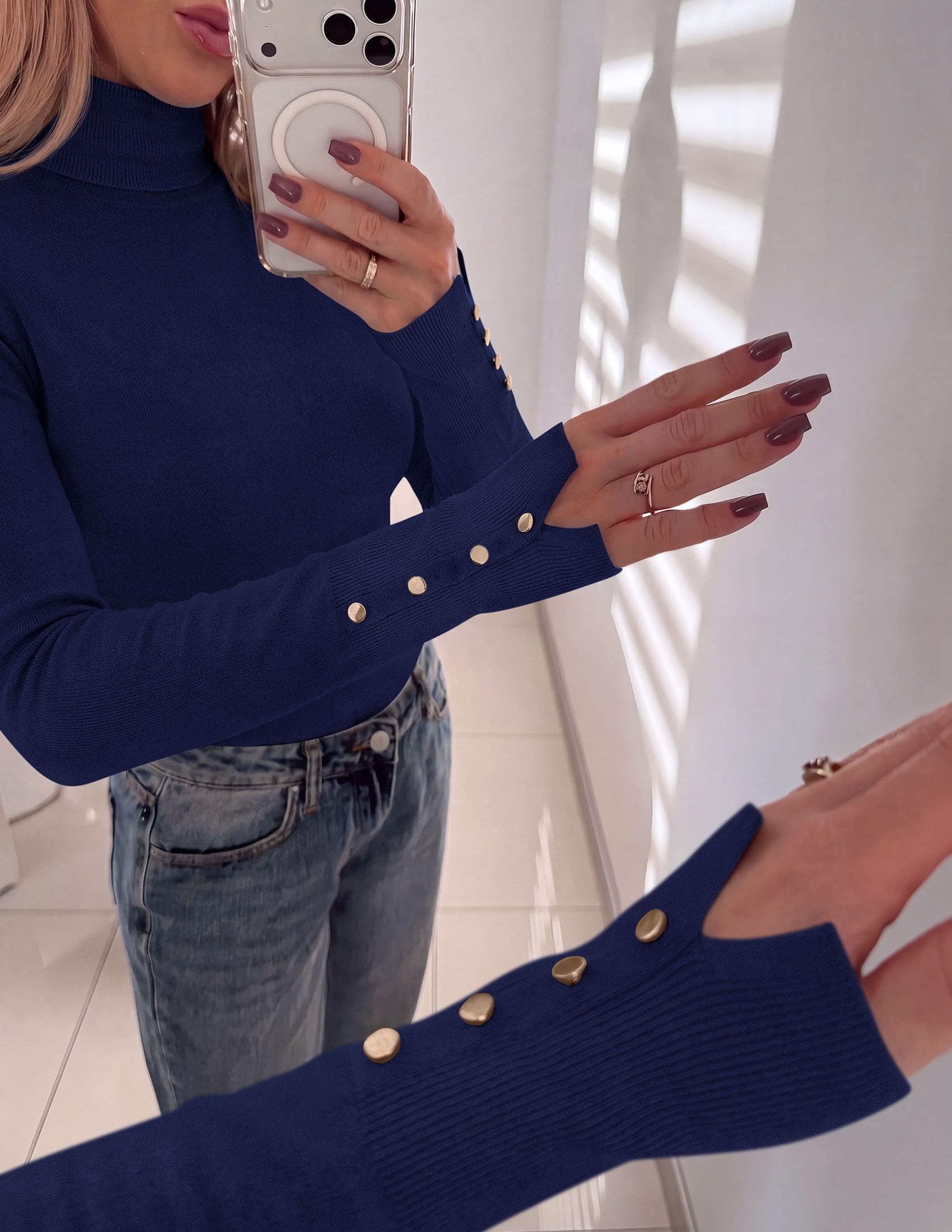 Women Turtleneck Sweaters Fall Long Sleeve Tops,Navy Blue,S