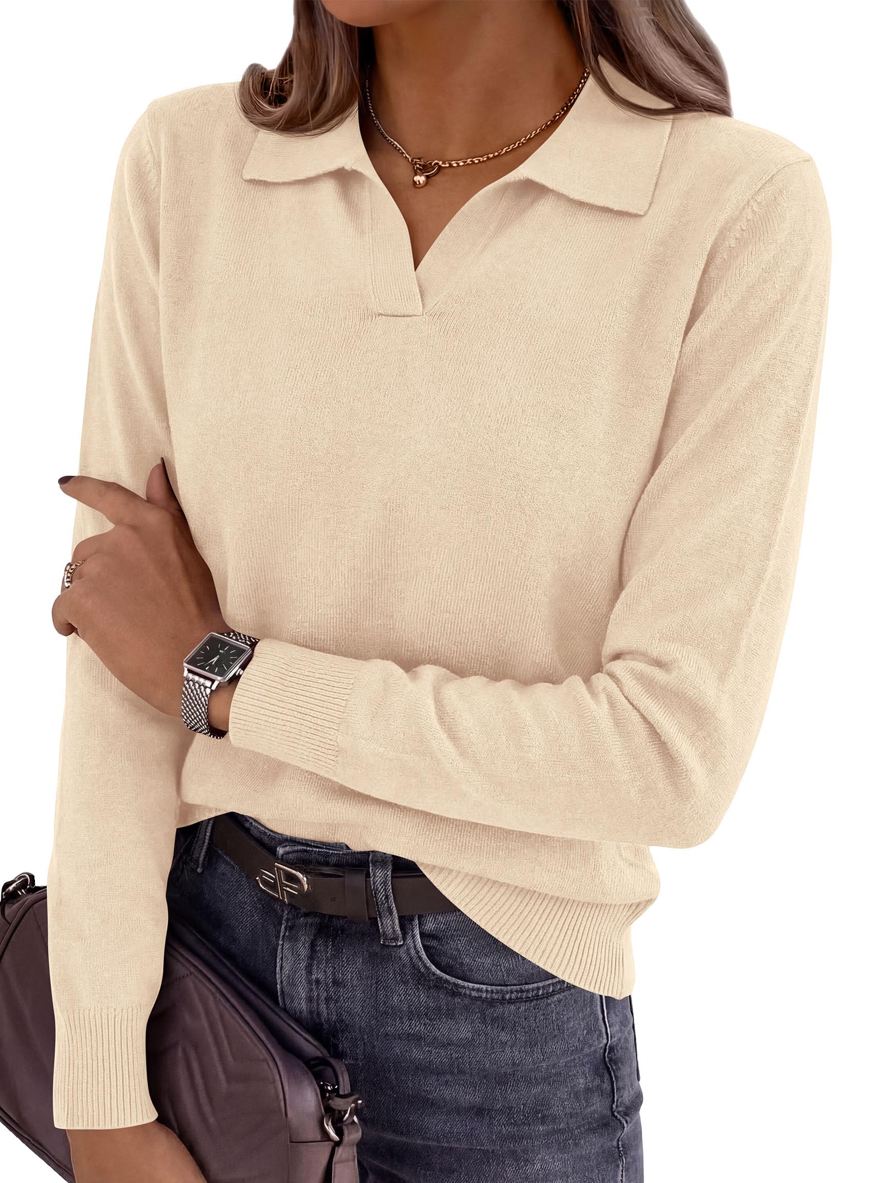 Womens Long Sleeve Collared Polo Sweater,Apricot,S